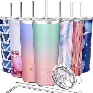 THILY Vaso de viaje de acero inoxidable aislado al vacío, taza de café de 26 onzas con 2 tapas y popotes, a prueba de salpicaduras, mantiene las THILY Vaso de viaje de acero inoxidable aislado al vacío, taza de café de 26 onzas con 2 tapas y popotes, a prueba de salpicaduras, mantiene las
