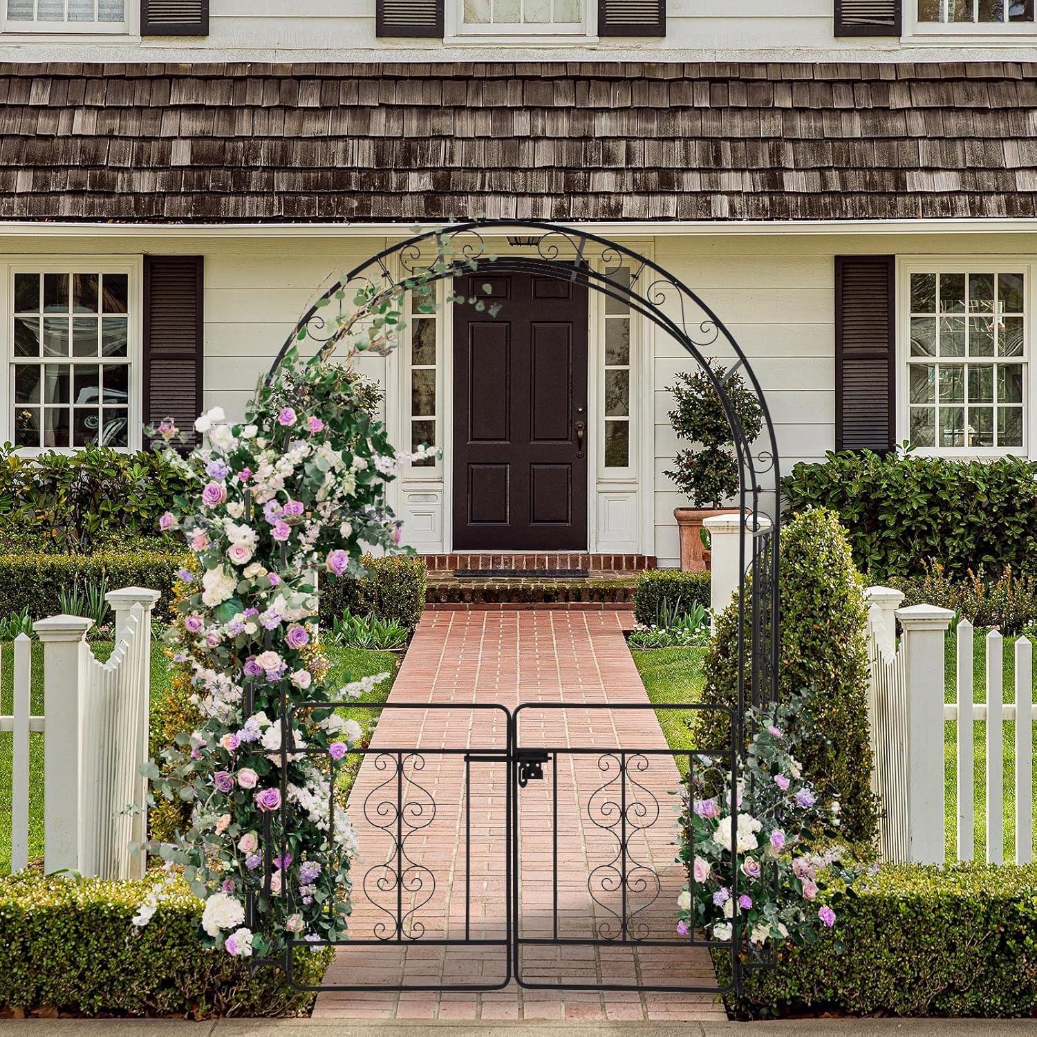 Outvita Cenador de arco de jardín de 7 pies con puerta de entrada, arco de cenador de metal resistente, marco decorativo enrejado con estacas de