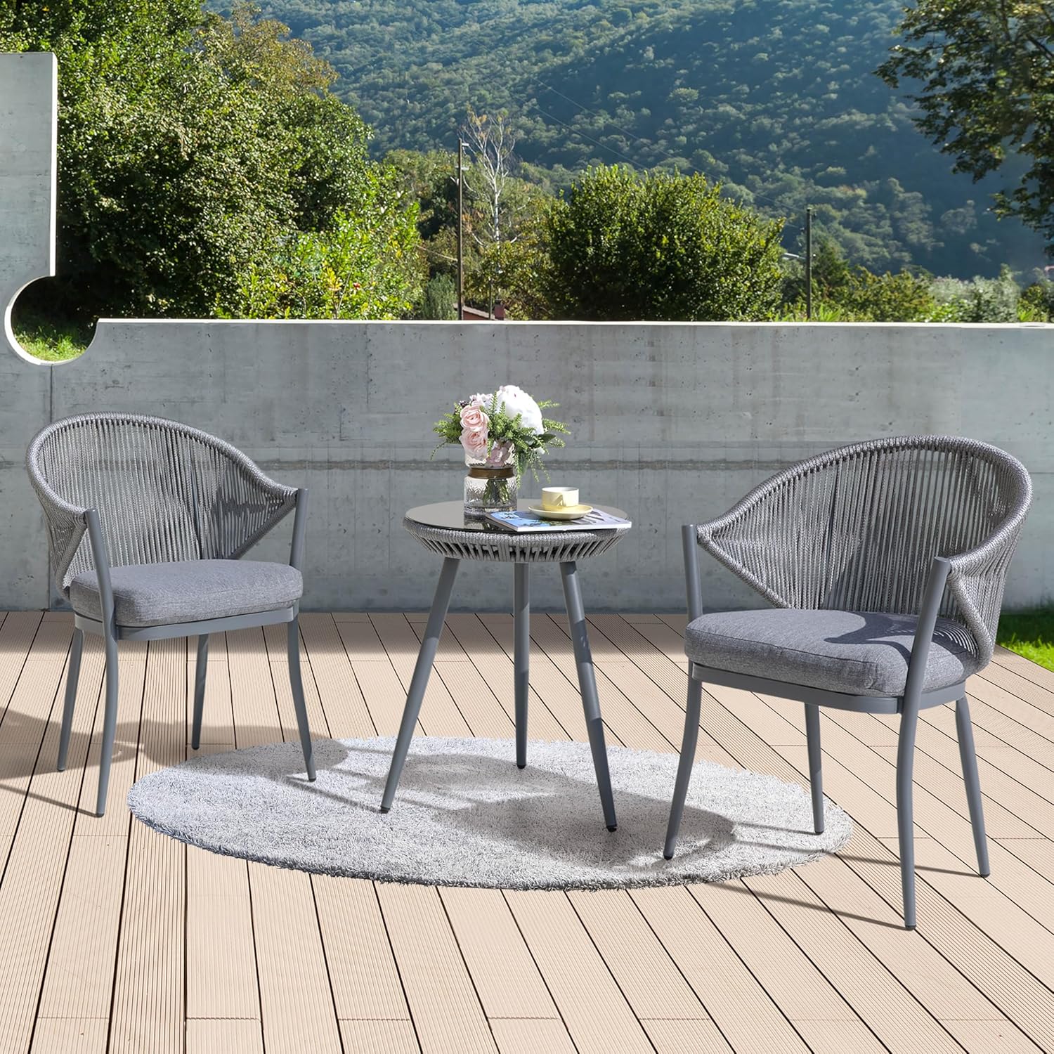 NUU GARDEN Juego de 3 piezas de bistró para exteriores, juego de patio de conversación de cuerda tejida, muebles de aluminio para todo tipo de