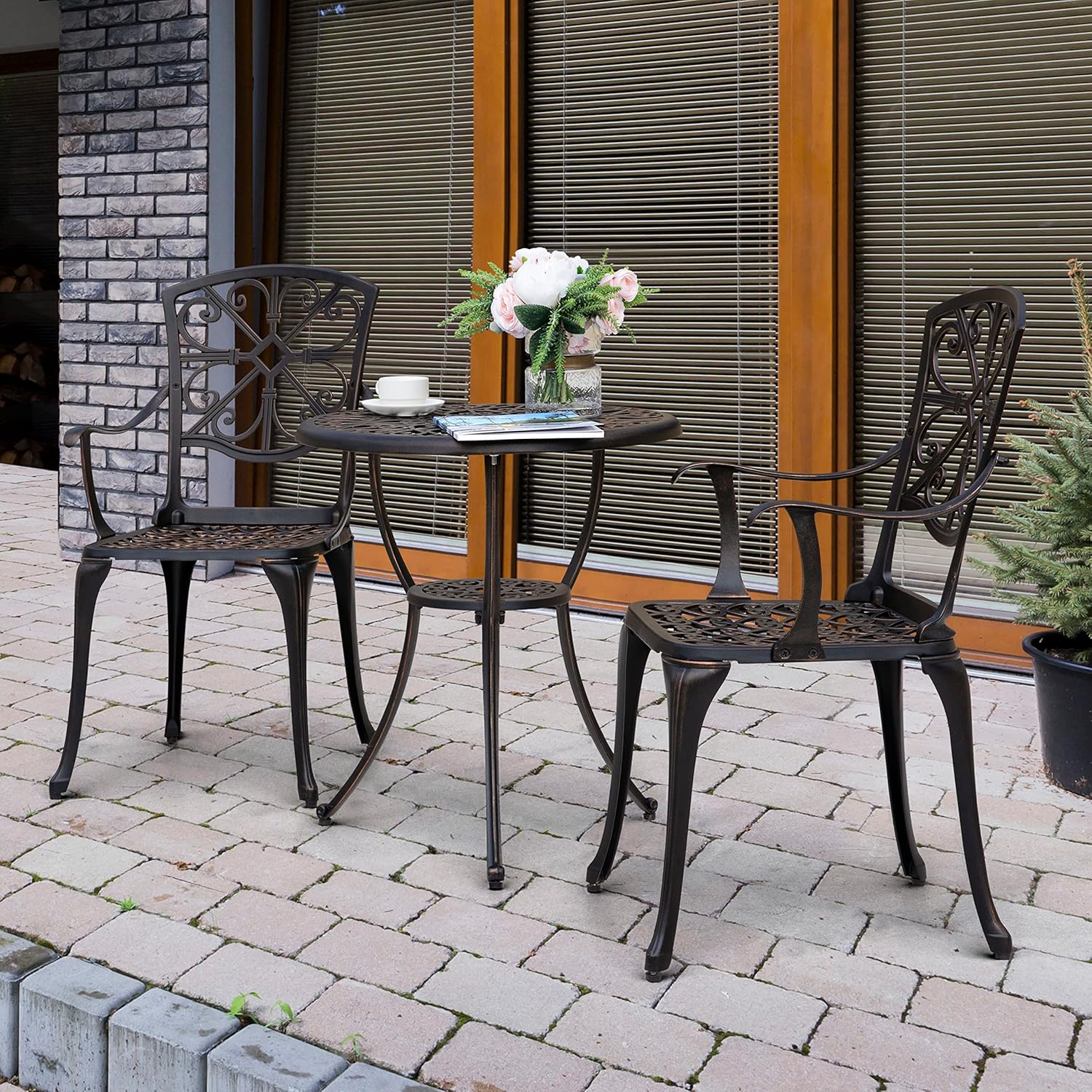 NUU GARDEN Bistro – Juego de 3 piezas para exteriores de aluminio fundido para todo tipo de clima, juego de mesa y sillas de patio con agujero para