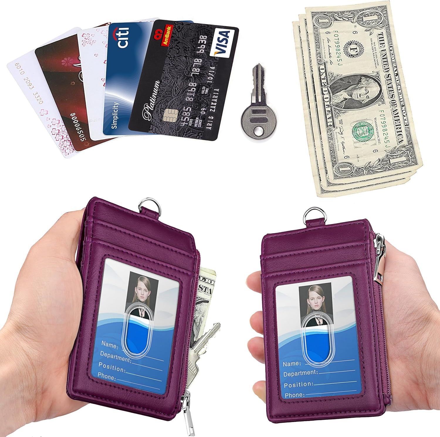 Soporte para tarjeta de identificación ELV con cremallera, de piel sintética, con 5 ranuras para tarjetas, 1 bolsillo lateral con bloqueo RFID y
