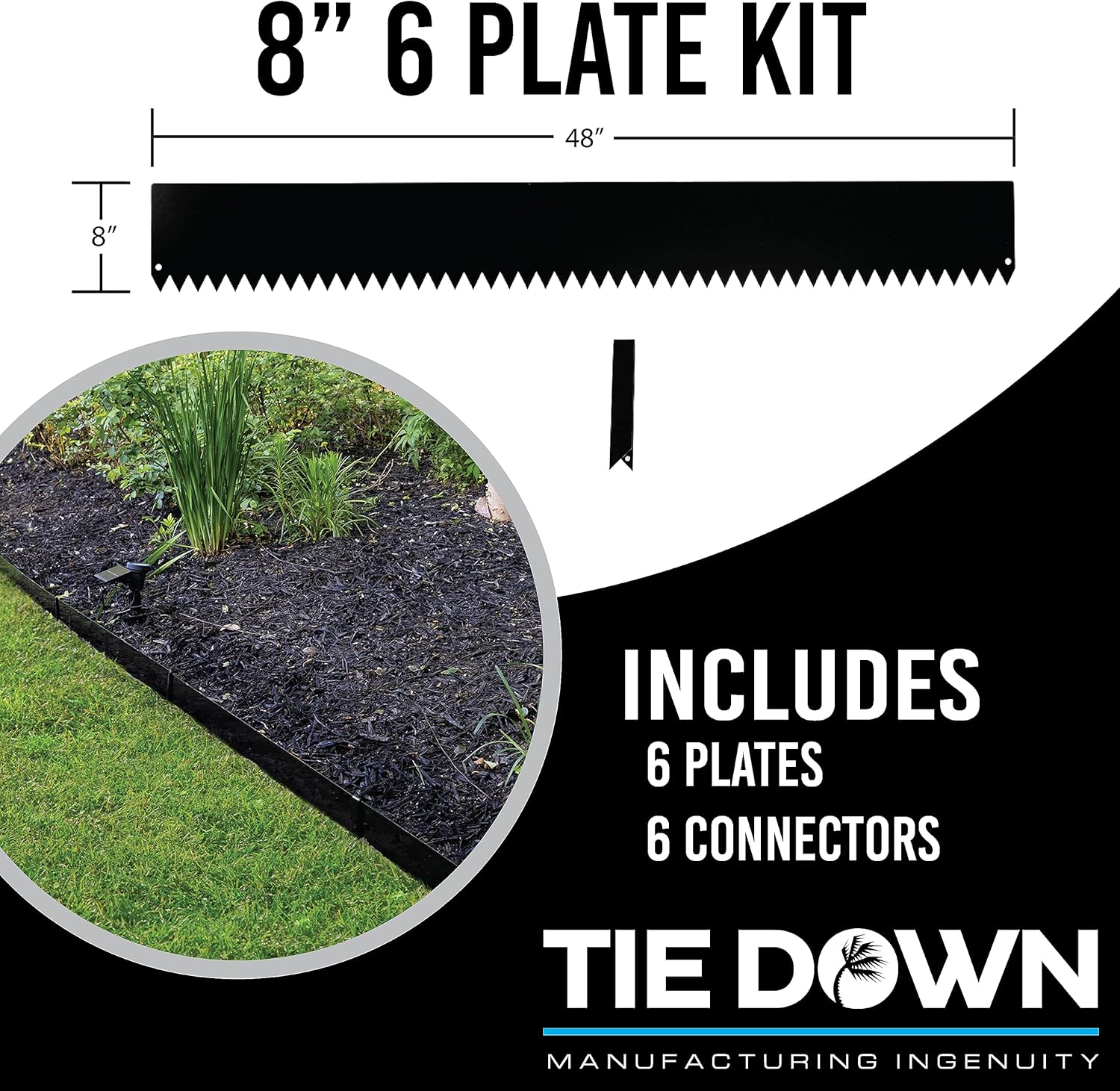 Tie Down Kit de bordes metálicos de 48 x 8 pulgadas, 6 placas de acero y 6 conectores de acero, 24 pies lineales en total, para bordes de jardín,