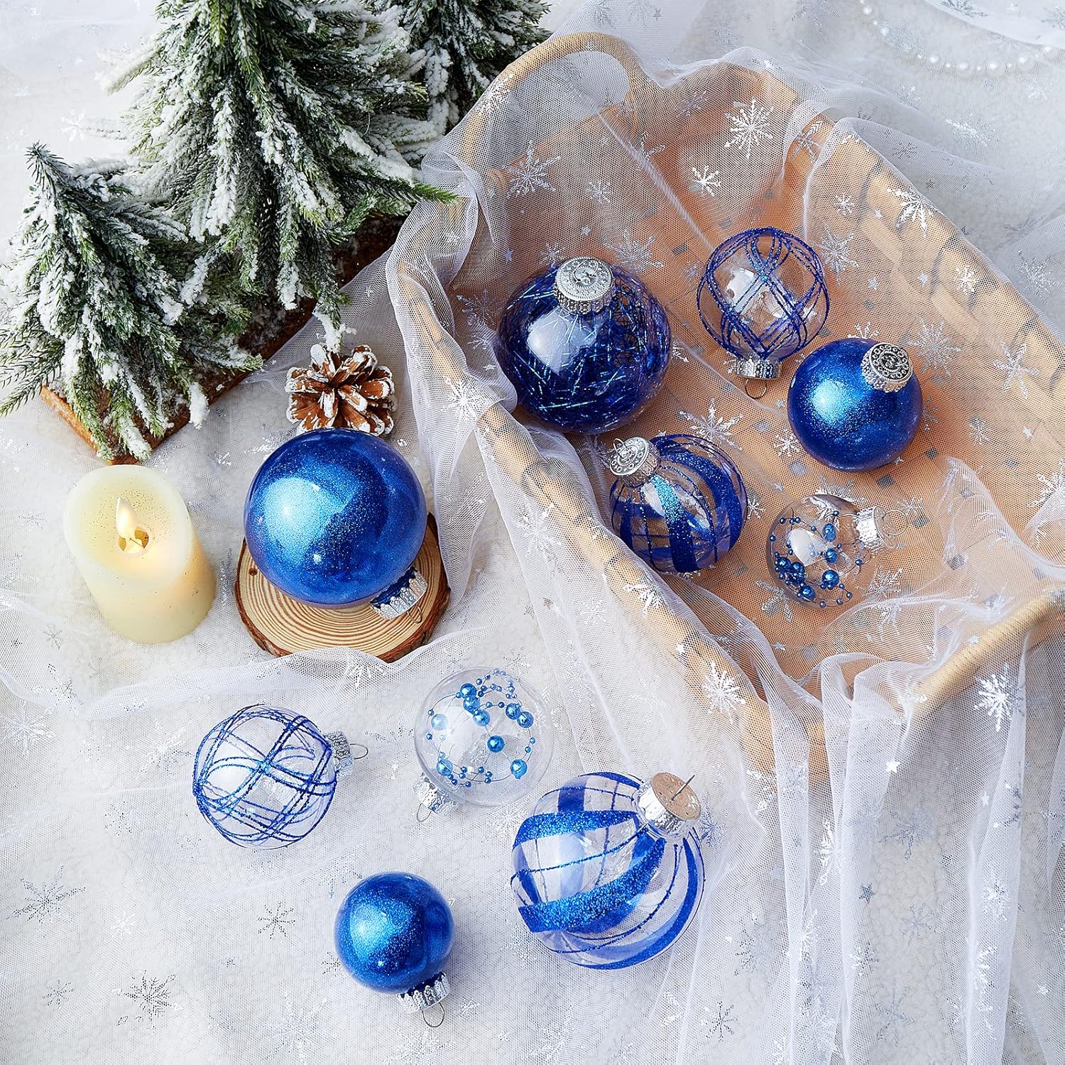 Adornos de bola de Navidad inastillables de 24 quilates, decoraciones rellenas con purpurina para árbol, color azul