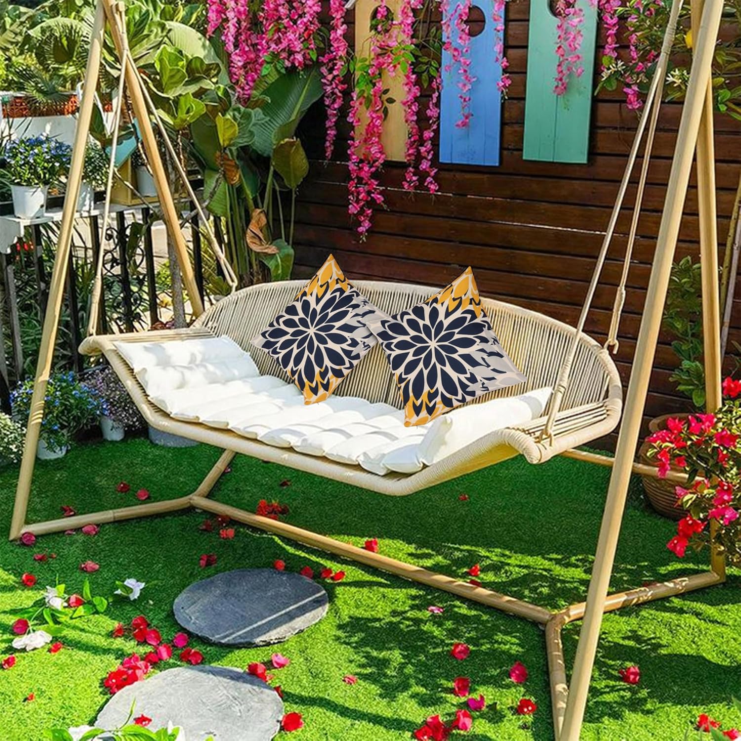 Juego de 4 fundas de almohada decorativas de lino con estampado floral azul de 20 x 20 pulgadas, para exteriores e interiores, fundas de almohada