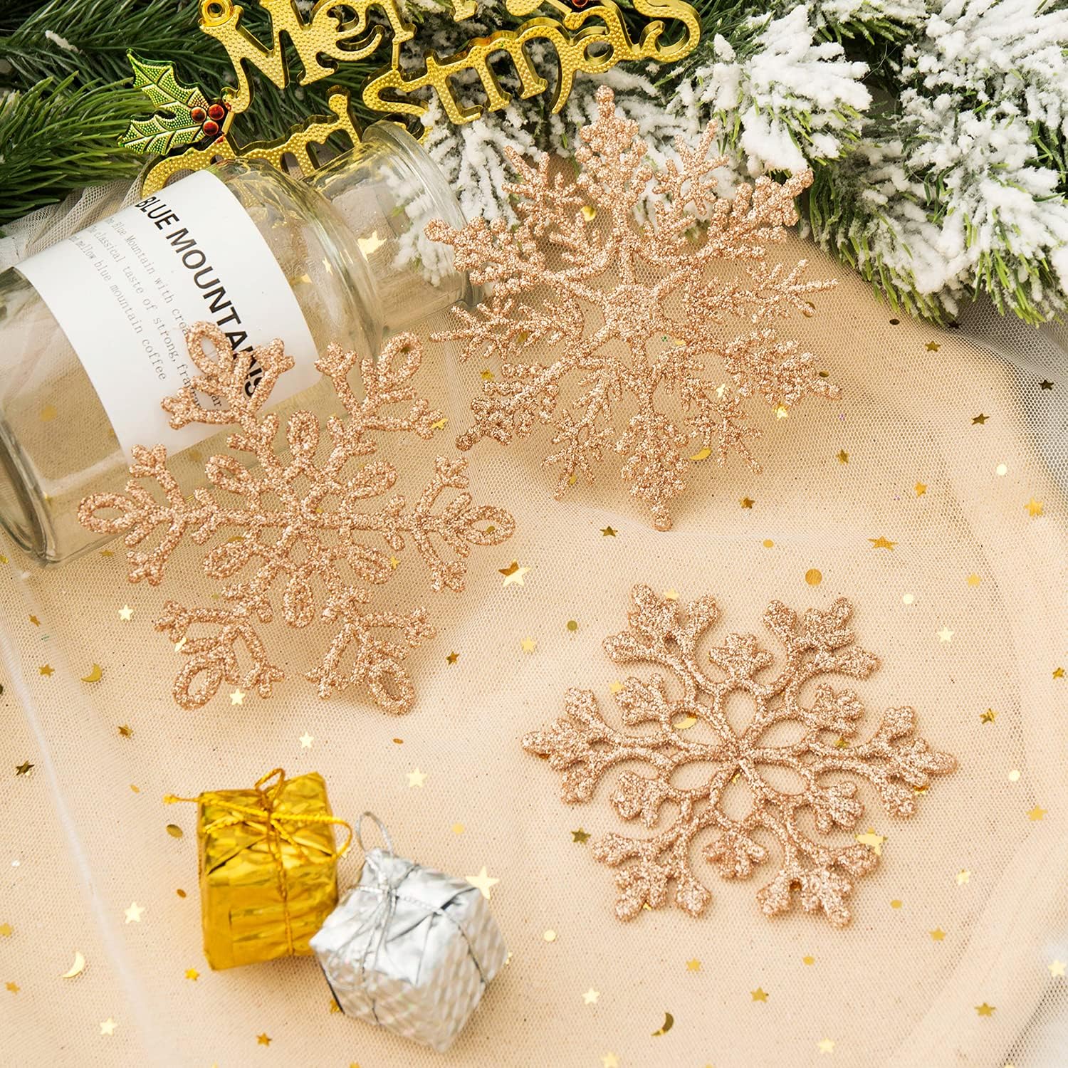 Adornos de plástico de copos de nieve con purpurina de 4.7 pulgadas30 unidades, decoraciones con cuerda de plata para colgar en el árbol de navidad,