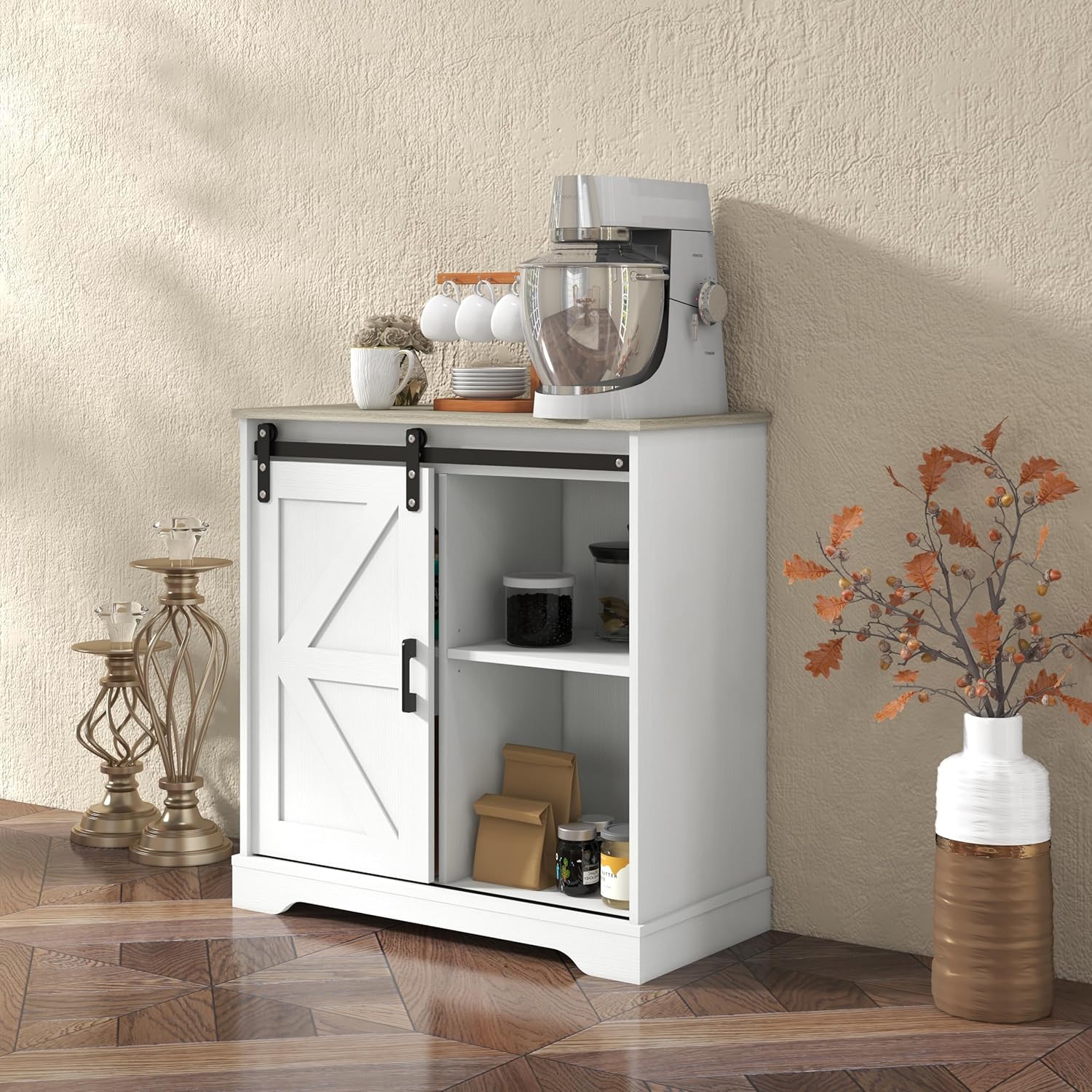 Panana Aparador con puerta corrediza de granero, aparador de buffet, gabinete de almacenamiento, cafetería, cocina, estilo granja (gabinete blanco