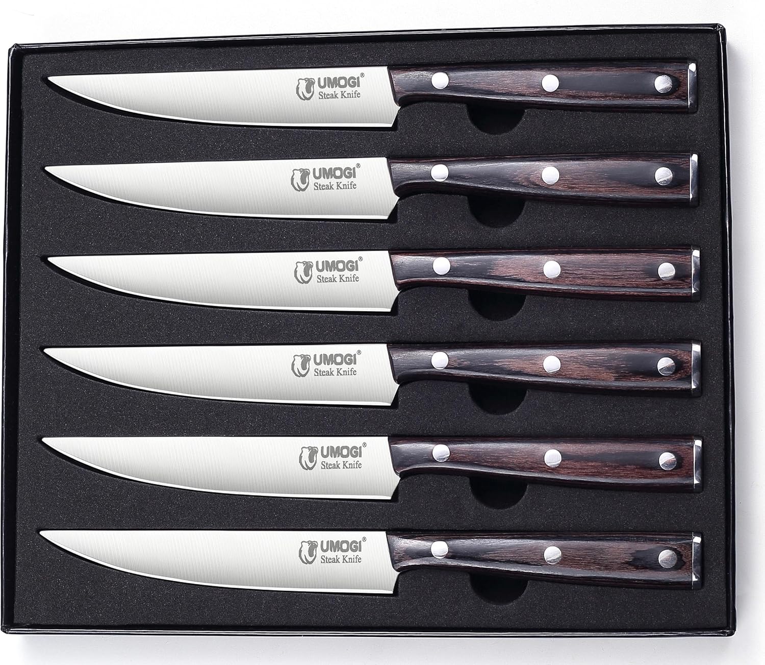 Juego de 6 cuchillos para carne de alta gama, caja de regalo, mango de madera natural negro, acero inoxidable alemán, borde recto, no dentado,