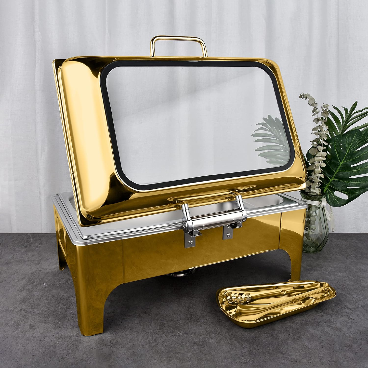 Golden Chafing Dish – Juego de bufé de 9 cuartos de galón, calentadores de alimentos y calentadores con tapas para fiestas, bufés, bandejas de
