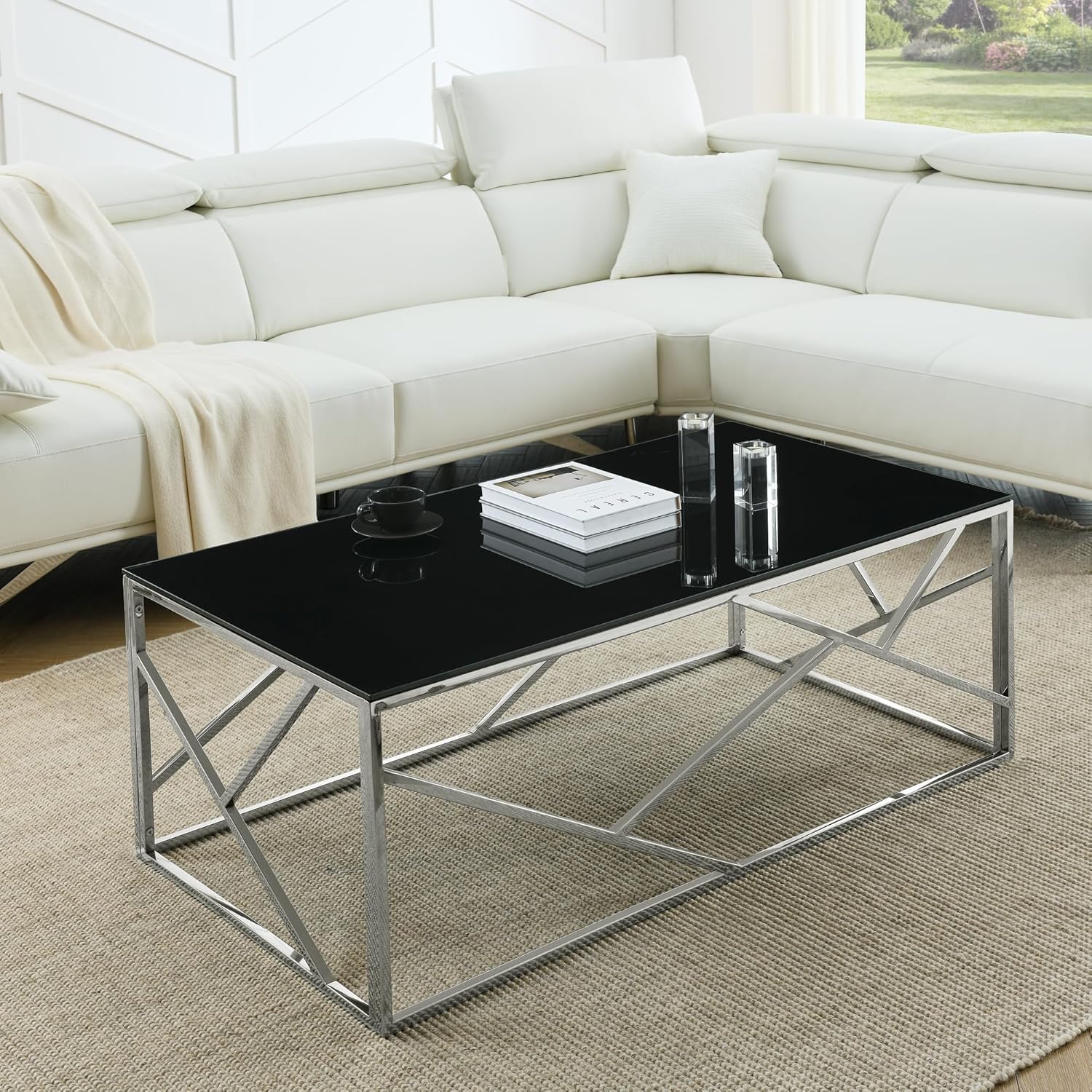 Moderna mesa rectangular de cristal con tapa de vidrio templado negro y marco de acero inoxidable para sala de estar y dormitorio, cromo pulido