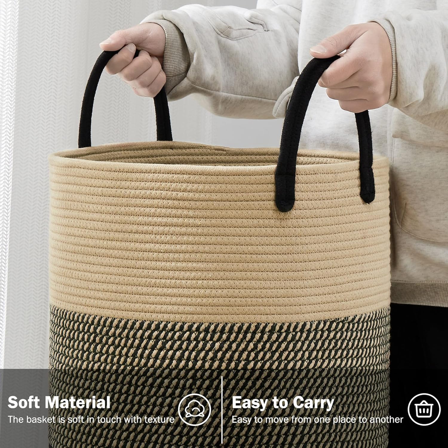 Cesta de lavandería de cuerda tejida, cesta de Luandry de 72 L de alto, cesta de guardería para almacenamiento de mantas, cesta de ropa para