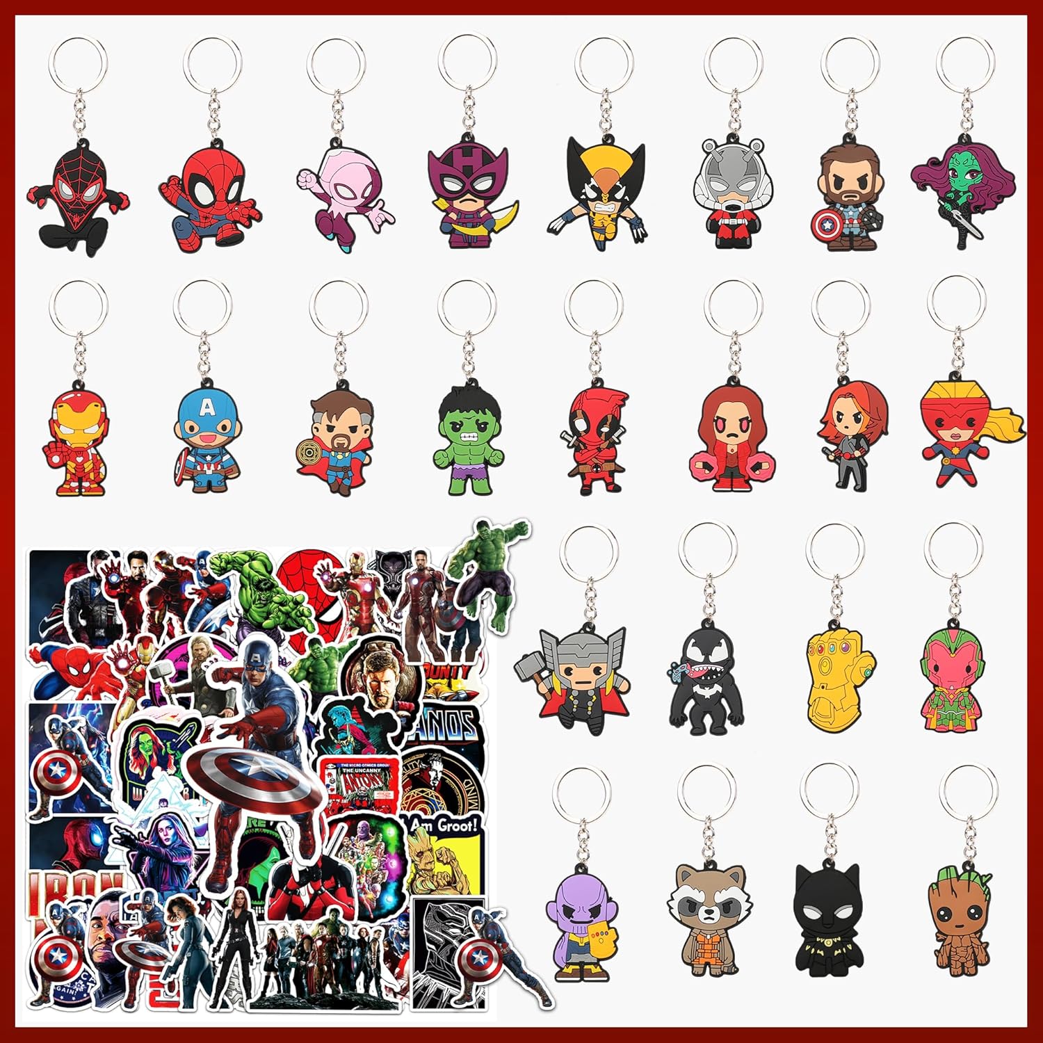 74 calcomanías de cómics de superhéroes para fiestas temáticas de héroes, coleccionar llaveros para regalos de fiesta a granel, día escolar,