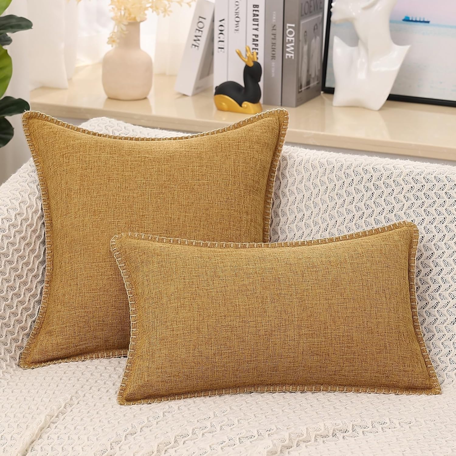 decorUhome Juego de 2 fundas de almohada decorativas de otoño para exteriores de 26 x 26 pulgadas, fundas cuadradas de lino con borde cosido, fundas