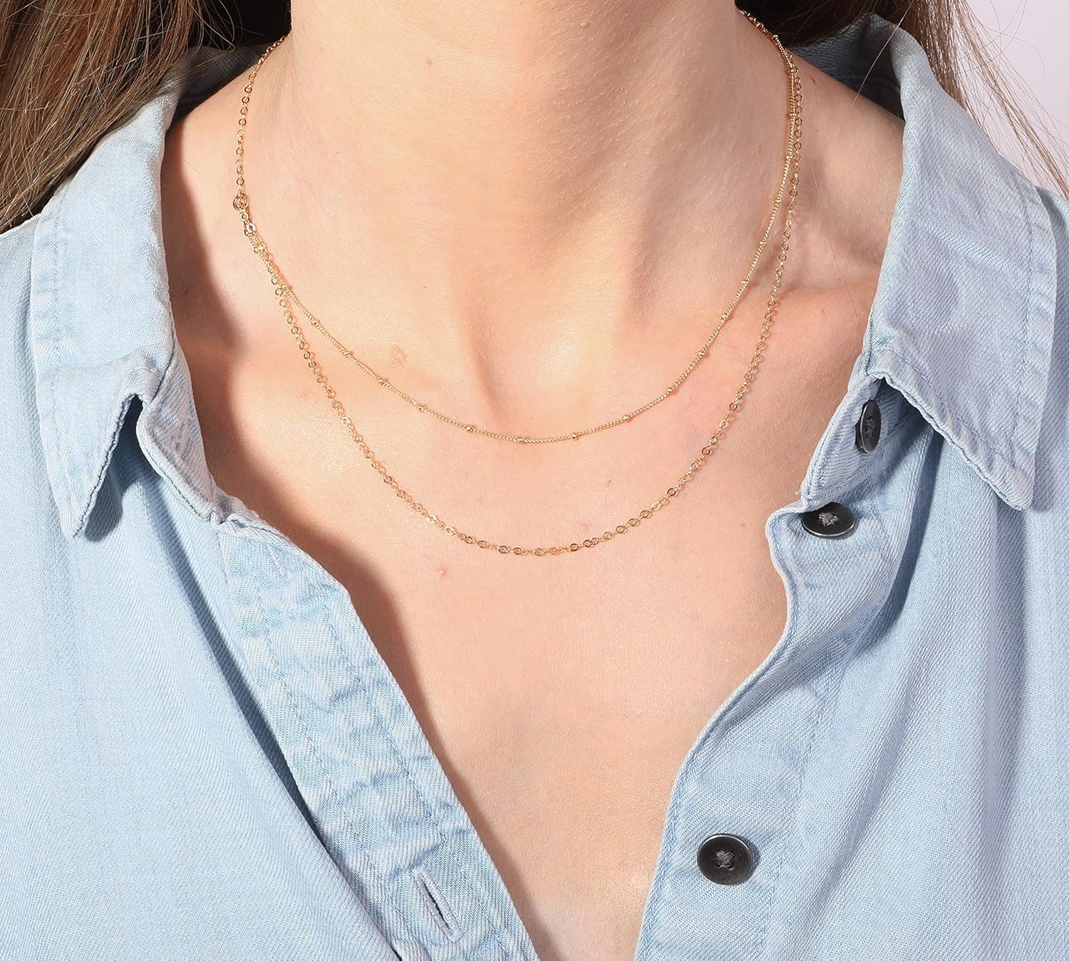 Dainty Double Chain Layered Necklace Women Choker Satellite Handmade Gold Jewelry 16″+extension