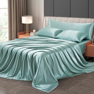 DengChao Juego de sábanas de satén de tamaño individual, 4 piezas, color verde grisáceo, funda de almohada de satén suave, sin arrugas, DengChao Juego de sábanas de satén de tamaño individual, 4 piezas, color verde grisáceo, funda de almohada de satén suave, sin arrugas,