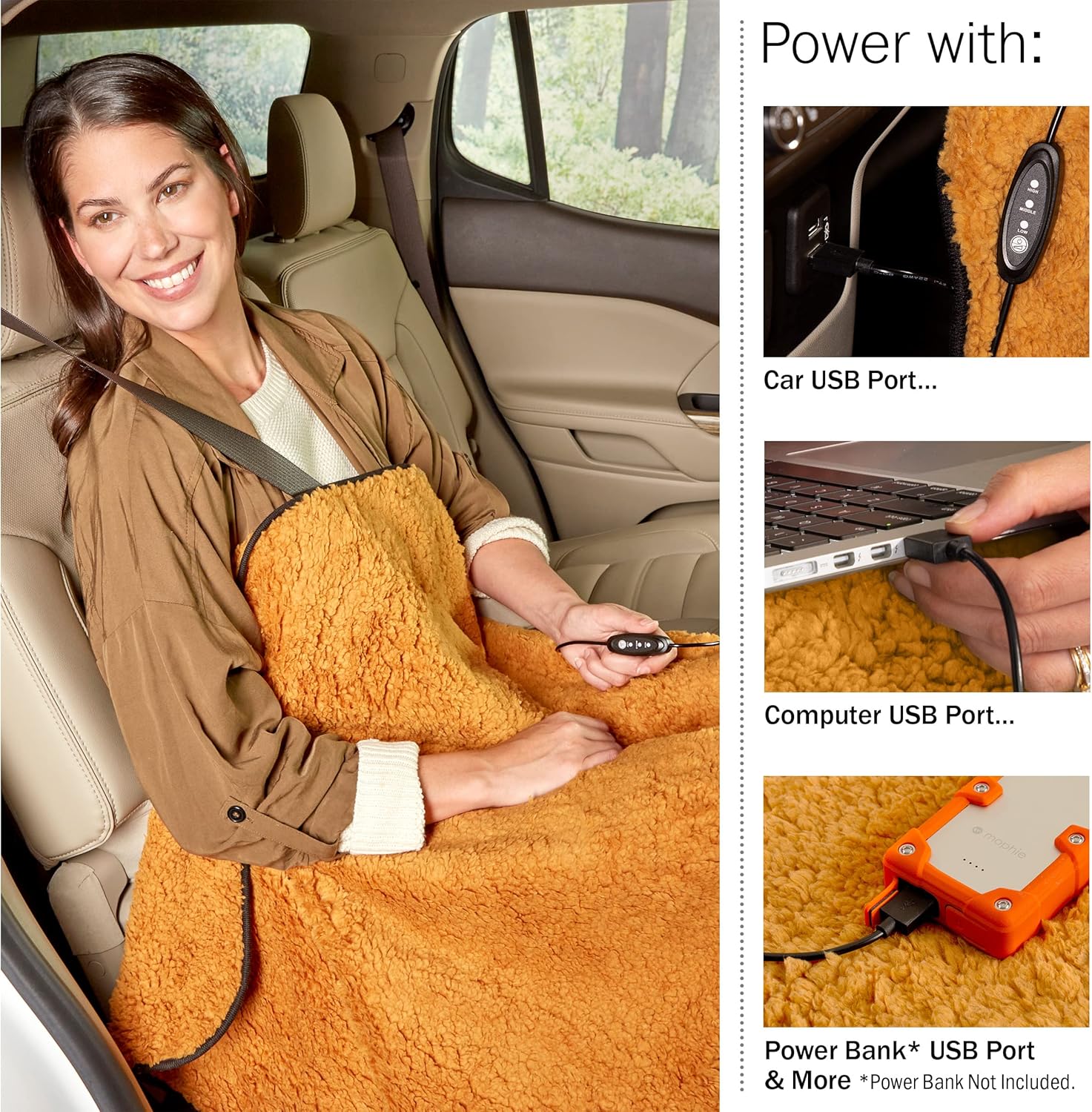 Stalwart Paquete de 2 mantas térmicas de sherpa alimentadas por USB para viajes, hogar, oficina o campamento, accesorios de invierno para automóvil