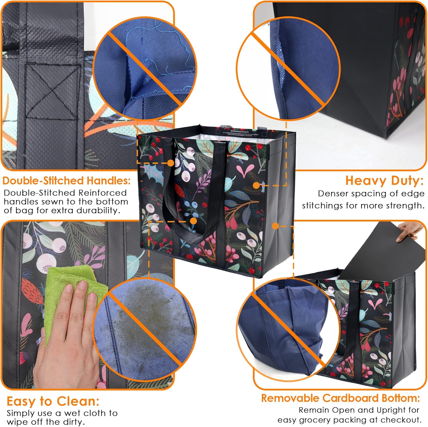 BeeGreen Bolsas reutilizables de Navidad, paquete de 12 con asas reforzadas y parte inferior extraíble, plegable, extra grande, a granel para