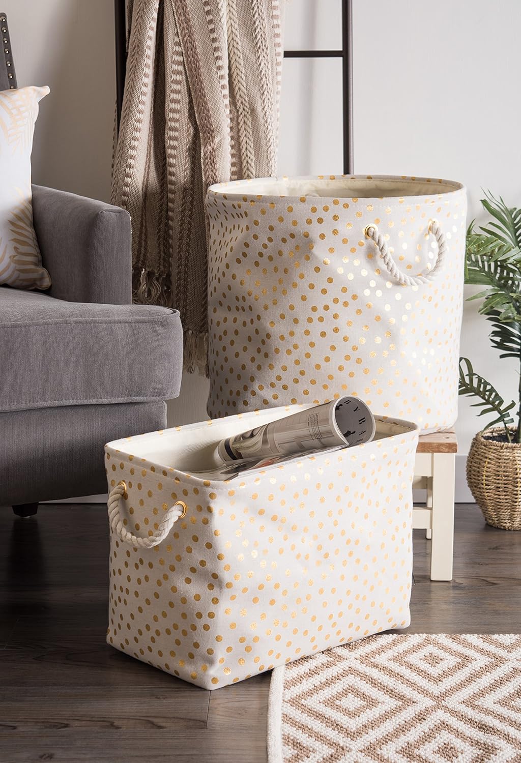 DII Contenedor de almacenamiento de poliéster, colección metálica dorada plegable con asas, grande y redondo, color blanco hueso natural