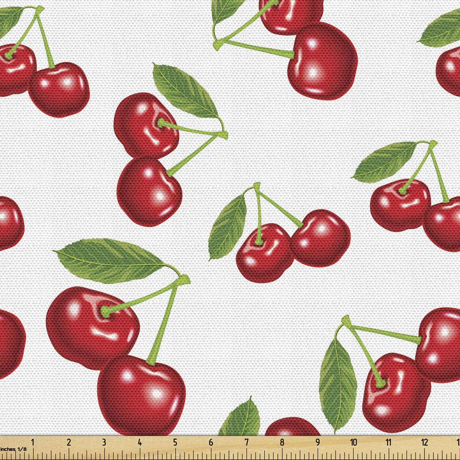 Ambesonne The Yard, tela de frutas de diseño de cerezas, frutas frescas de verano, verde jardín, macro impresión digital, tela decorativa para