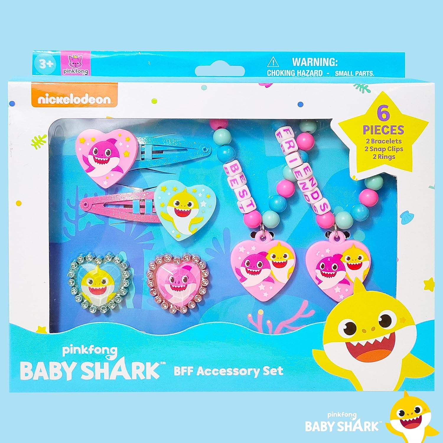 LUV HER Baby Shark Girls BFF – Joyero de juguete de 6 piezas con 2 anillos, 2 pulseras de cuentas y pinzas para el cabello a presión a partir de 3