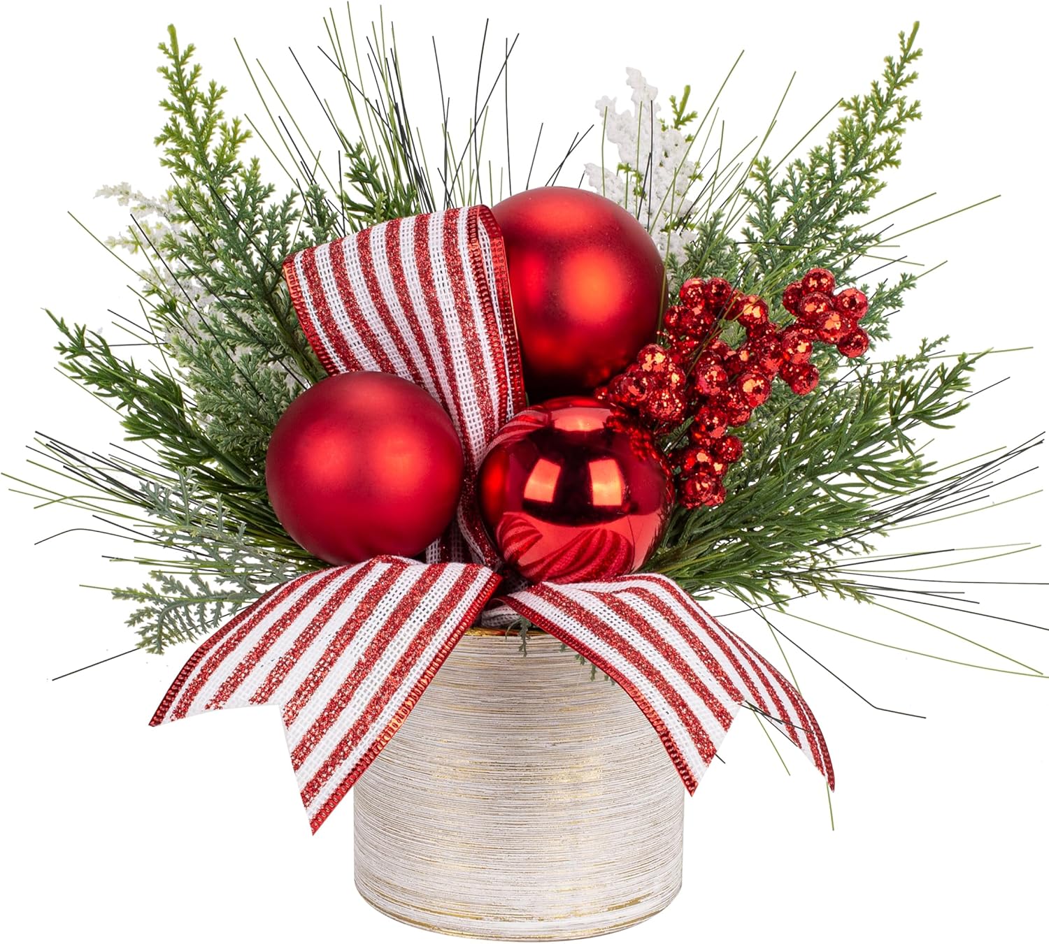 Hollyone Pequeño árbol de Navidad artificial de 11 pulgadas, decoración de plantas en maceta con adornos de bolas de Navidad, bayas para el hogar,