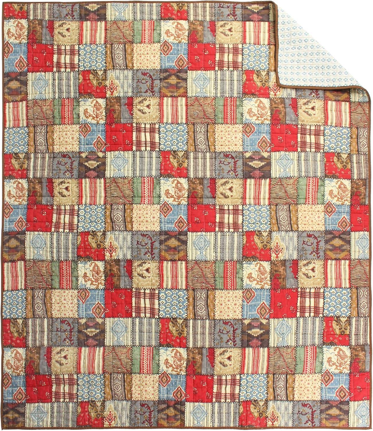 Levtex Home – Ansara – Manta – Patchwork estampado – Borgoña Gris Rojo Taupe Azul Verde Marrón – Tamaño de la manta 50×60 pulgadas – Algodón