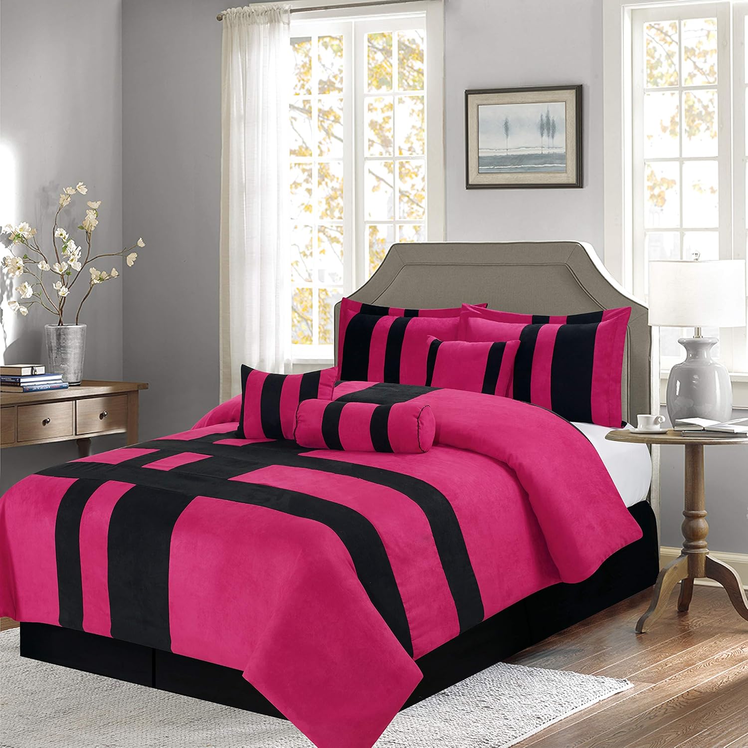 Empire Homey – Juego de edredón de gamuza sintética de lujo, diseño a rayas, ropa de cama para todas las estaciones, juego de 7 piezas (tamaño