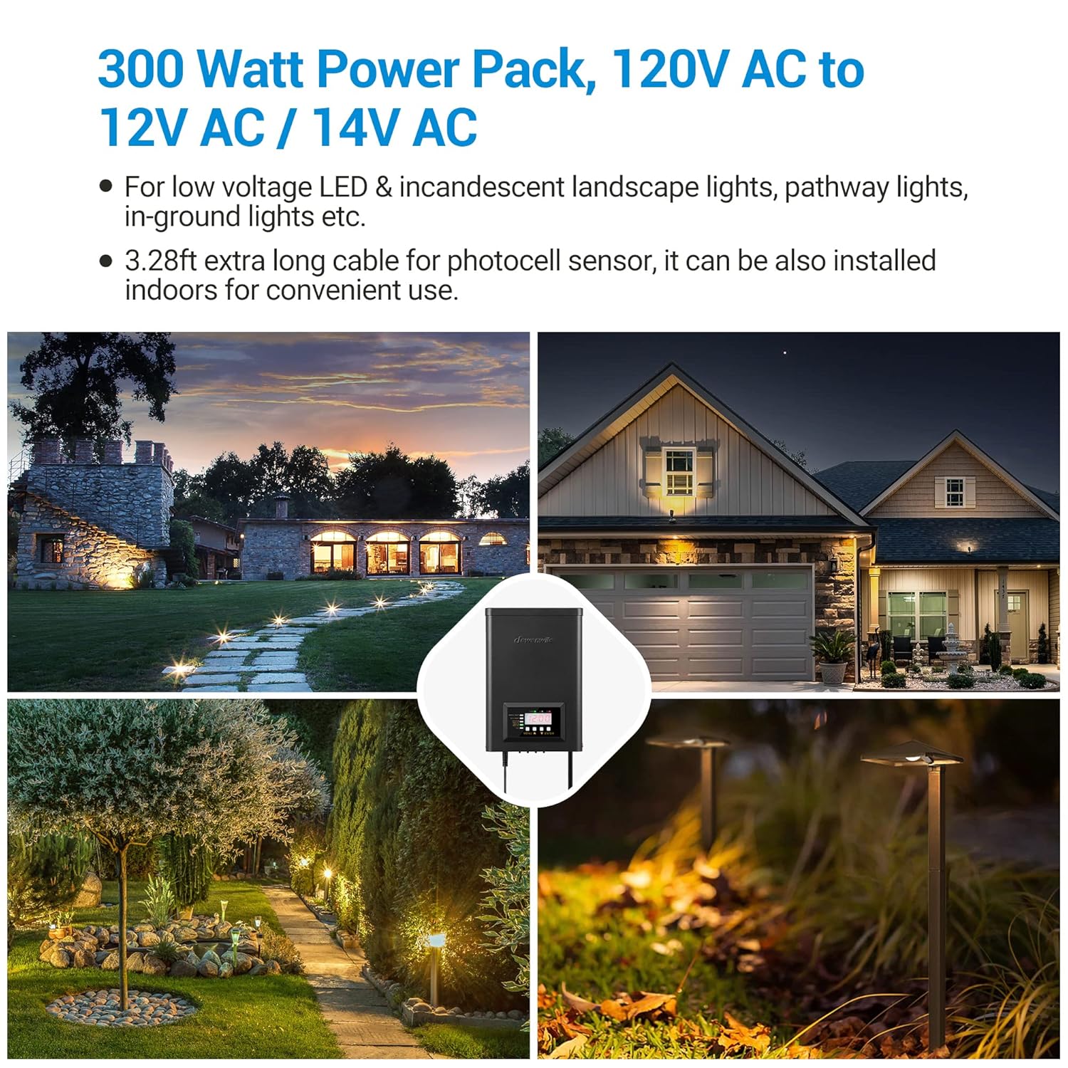 DEWENWILS Transformador digital de bajo voltaje de 300 W con temporizador, 120 V CA a 12 V14 V CA, transformador de iluminación de paisaje para