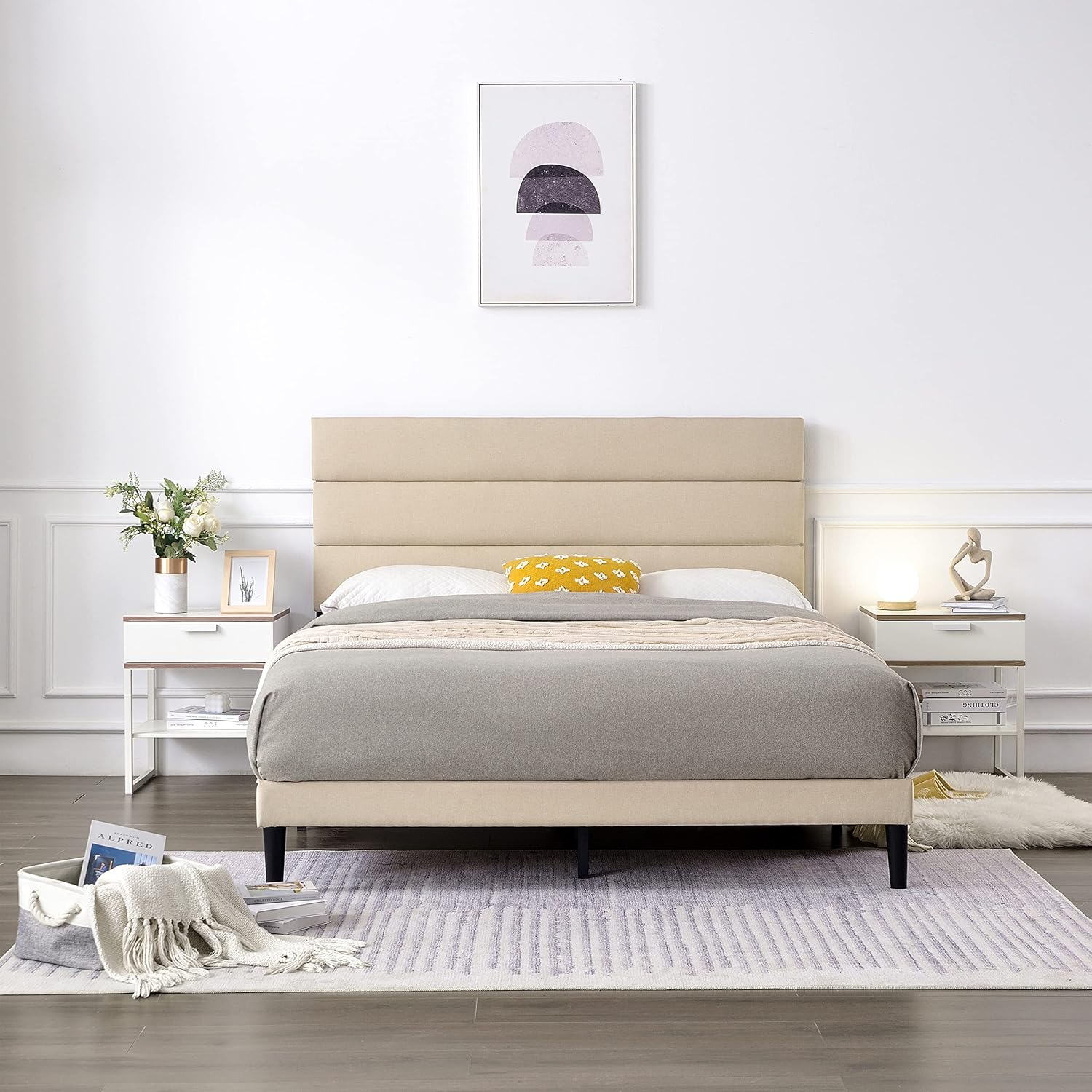 Base de cama tapizada de metal de tamaño matrimonial con cabecero y listones de madera fuertes, antideslizante y sin ruido, no necesita somier, base