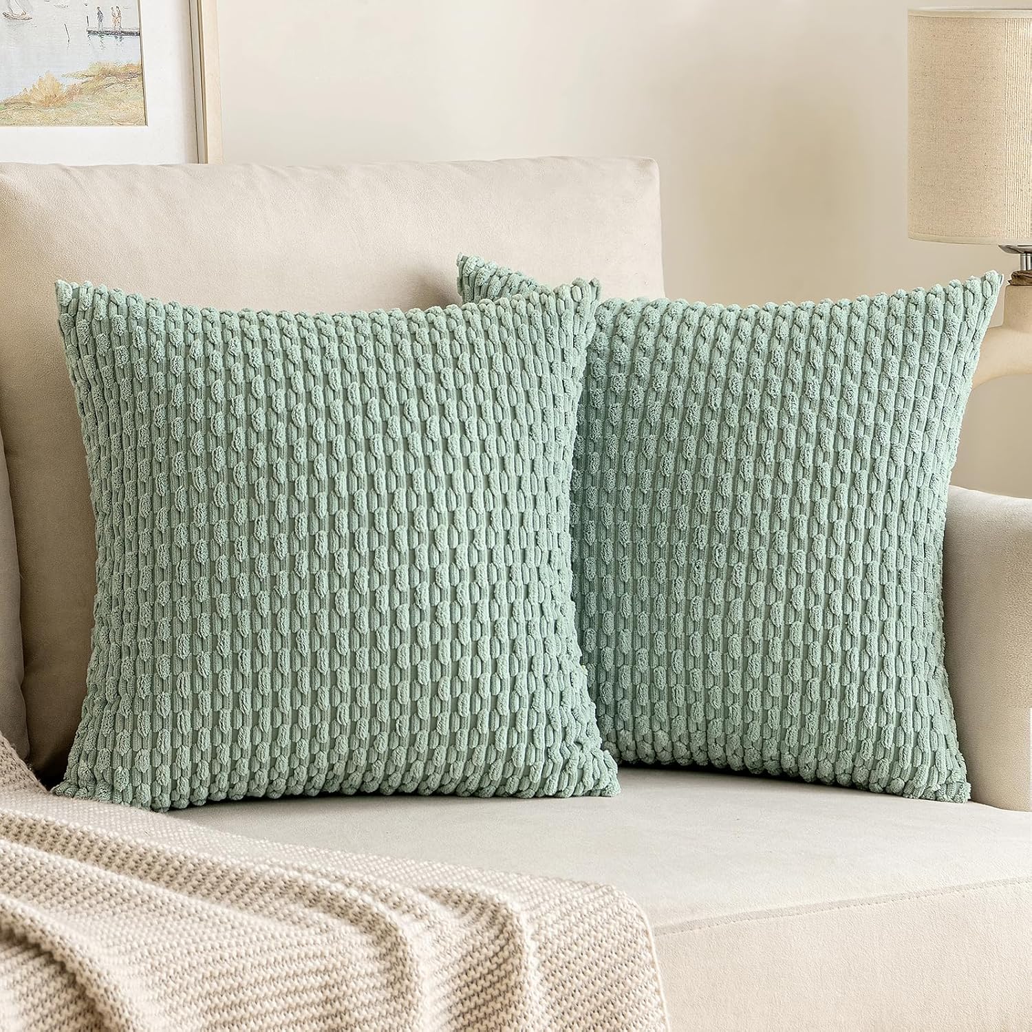 EMEMA Juego de 2 fundas de almohada cuadradas de pana suave a rayas de 16 x 16 pulgadas, fundas de cojín cuadradas para decoración del hogar rural