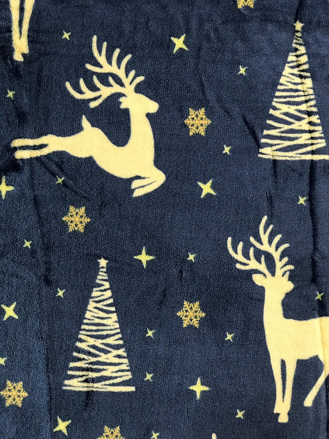Manta decorativa de invierno suave y cómoda felpa de terciopelo azul marino con ciervos y árboles del bosque dorados, acento para sofá, cama, silla,