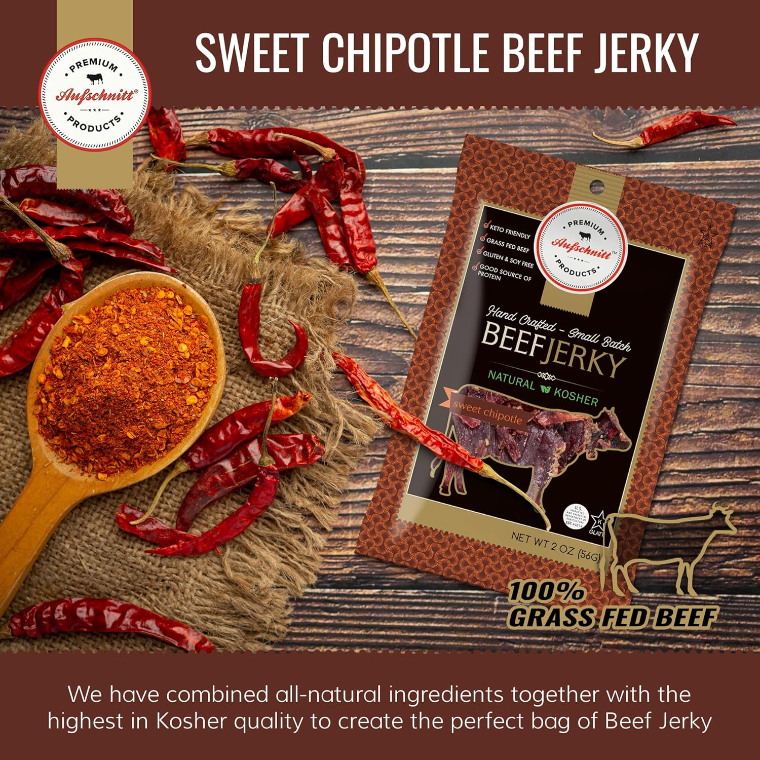 Aufschnitt Grass Fed Beef Jerky – Low Sodium, Certified Kosher – Halal and Keto Friendly – 24 Pack, Sweet Chipotle