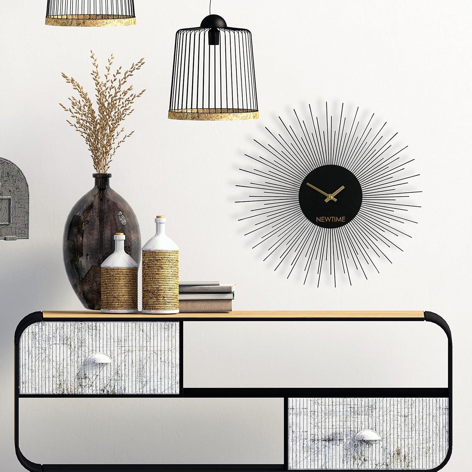 WHW Whole House Worlds Modernist Home New Time Burst – Reloj de pared con movimiento de cuarzo, color negro, manecillas doradas de 15.75 pulgadas, 1