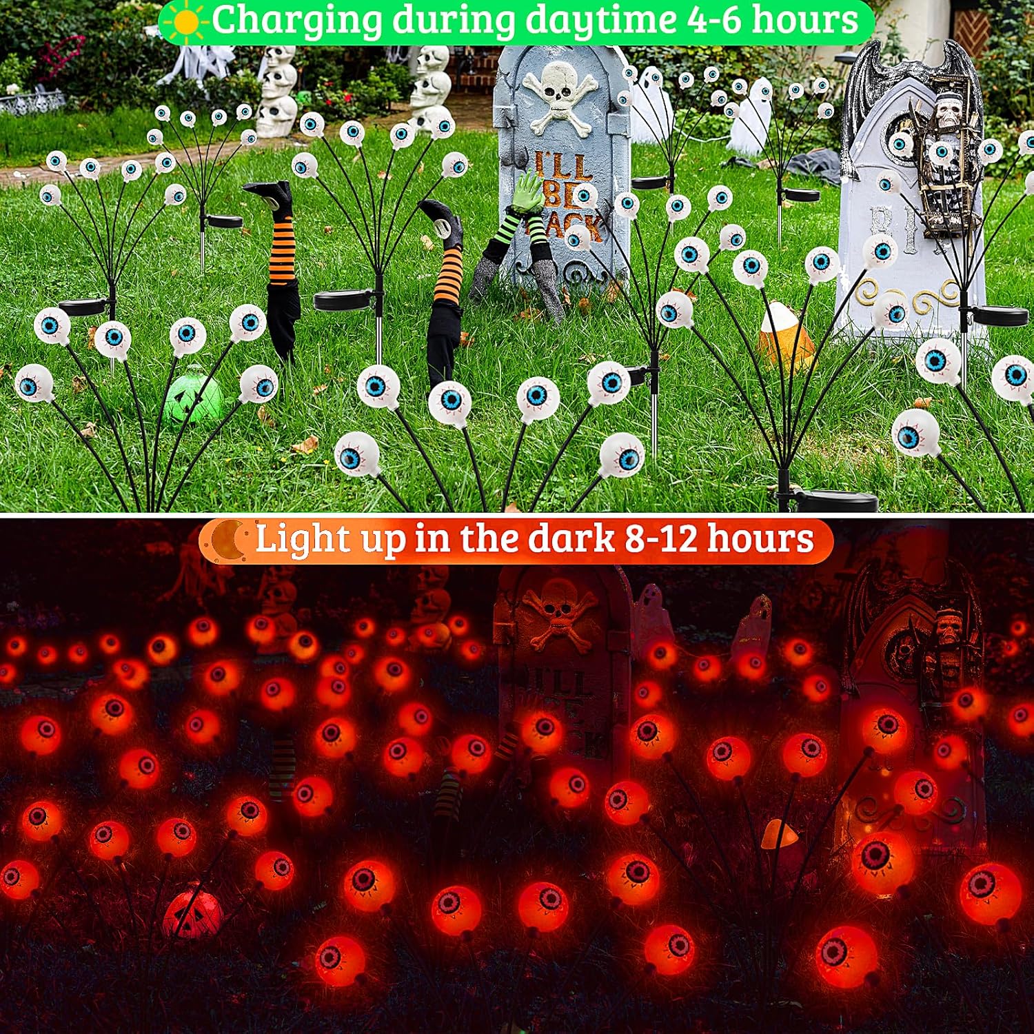 Decoraciones de Halloween al aire libre, paquete de 2 globos solares aterradores para decoración de Halloween, luces de camino al aire libre, luces