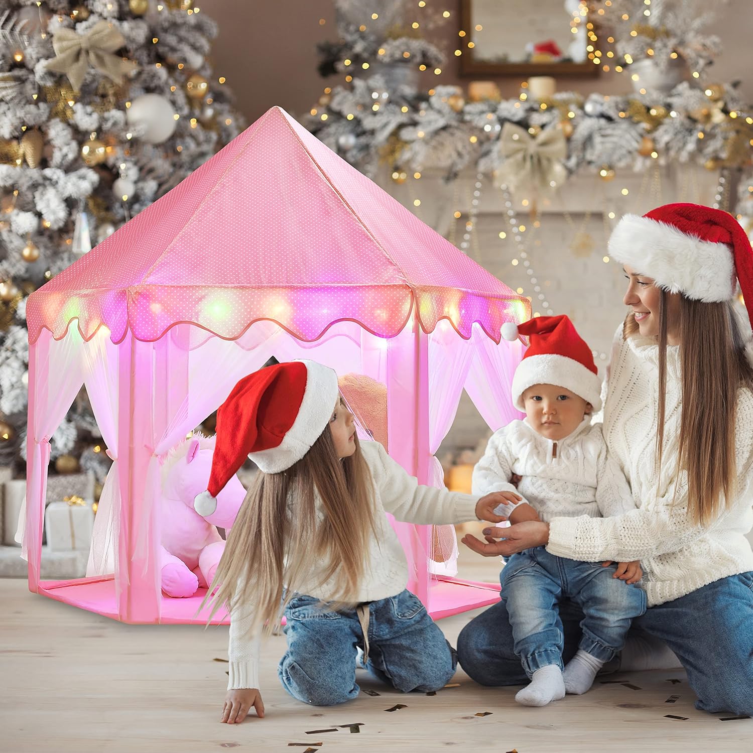 BELLOCHIDDO Tienda de campaña de princesa para niñas, tienda de campaña rosa con luces LED de estrella, castillo de princesa, casa de juegos para