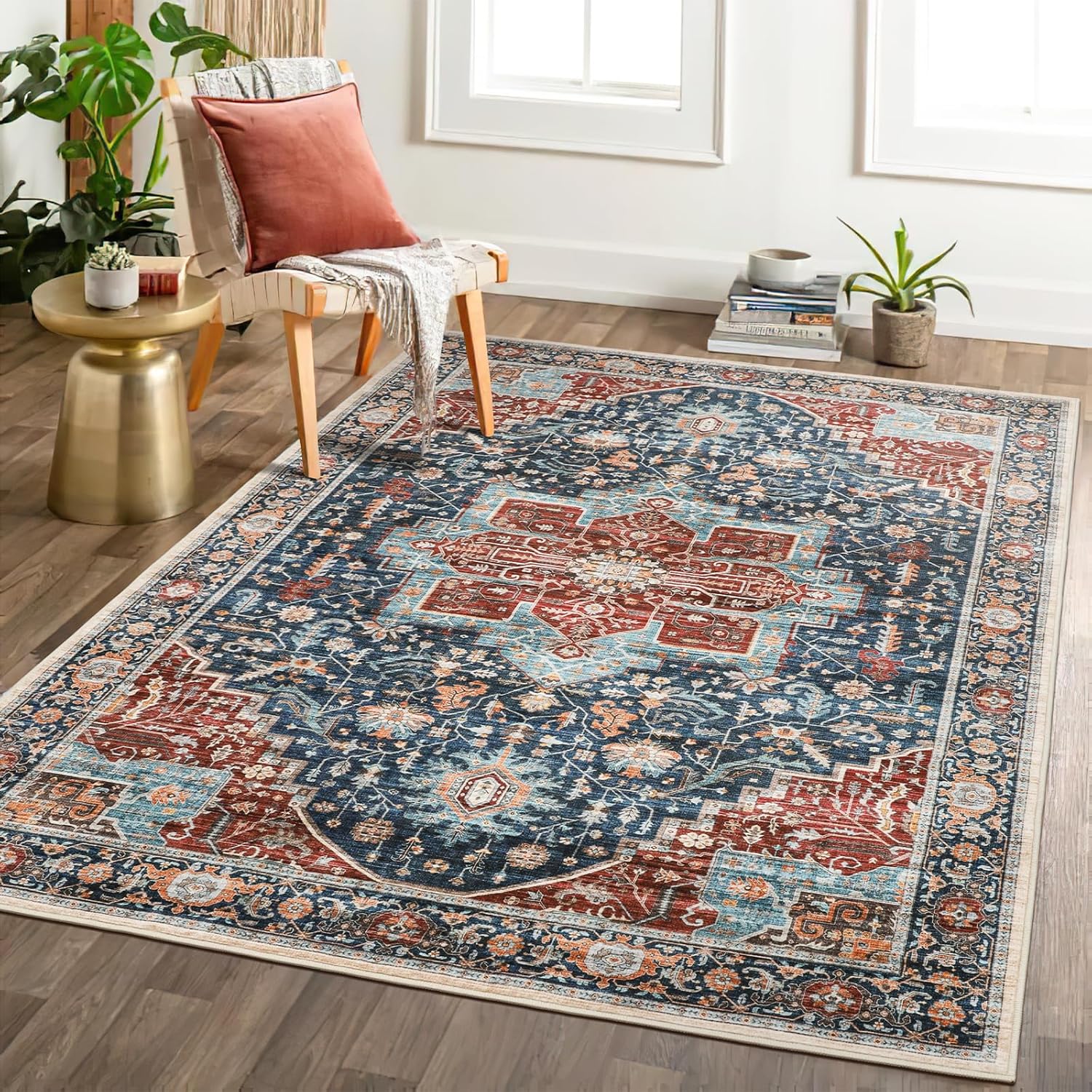 xilixili Alfombra lavable de 8 x 10 pies para sala de estar, resistente a las manchas, con parte trasera antideslizante, ultrafina con medallón