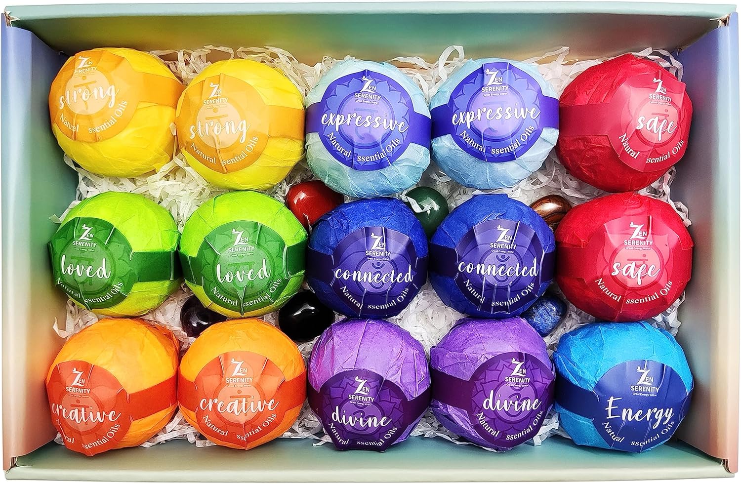 Bombas de baño con piedras preciosas curativas de chakras. 15 bombas de baño de aceites esenciales. Bombas de baño con piedras de chakra reales para