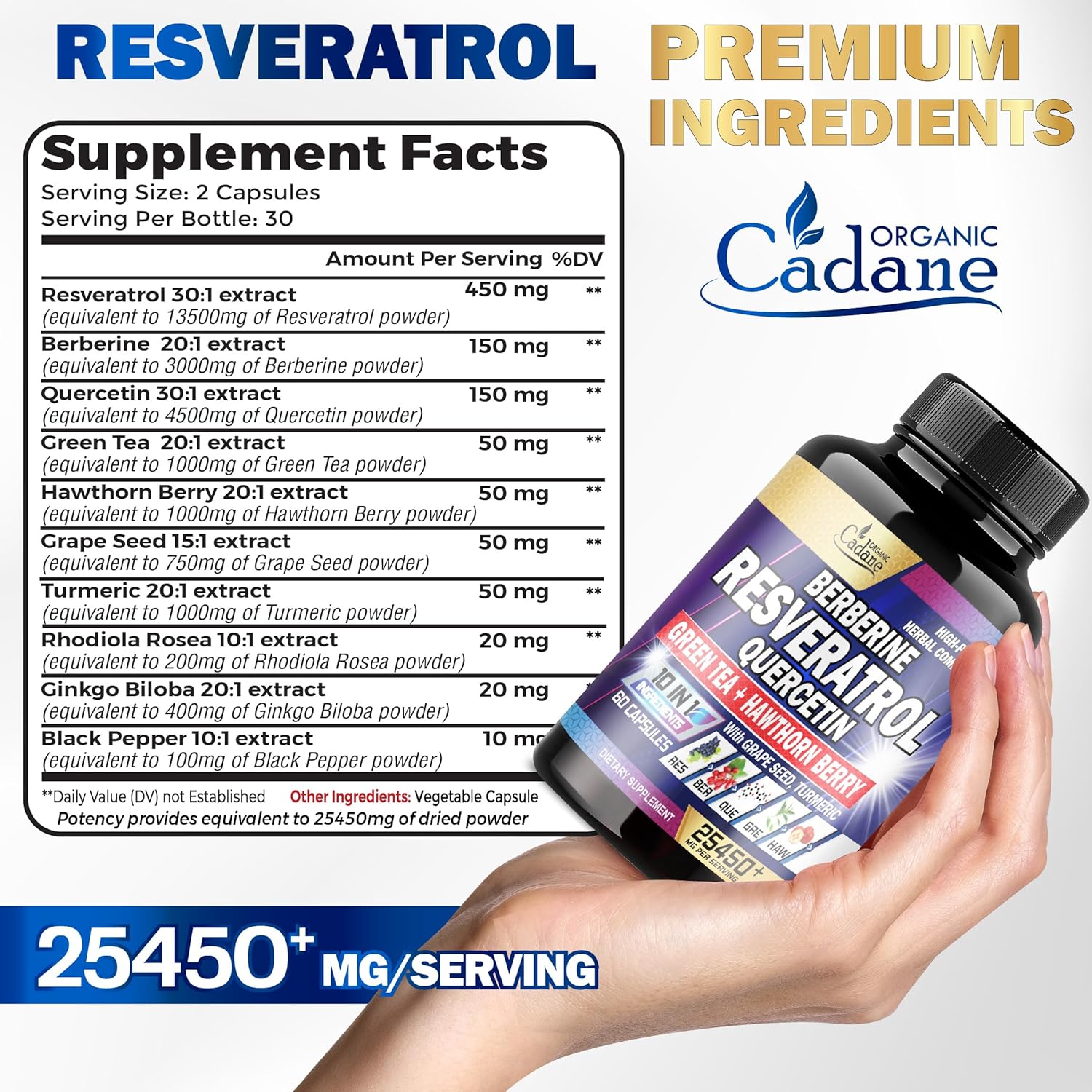 Suplemento de resveratrol prémium de 25450 mg  Envejecimiento saludable, corazón, cerebro e inmunitario  10 en 1 con quercetina, berberina, té