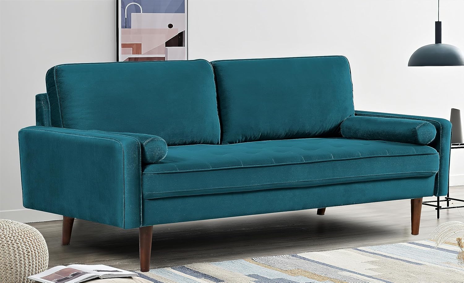 Sofá de terciopelo de 70 pulgadas para sala de estar, estilo clásico de mediados de siglo con silueta moderna, acolchado de botones y patas de