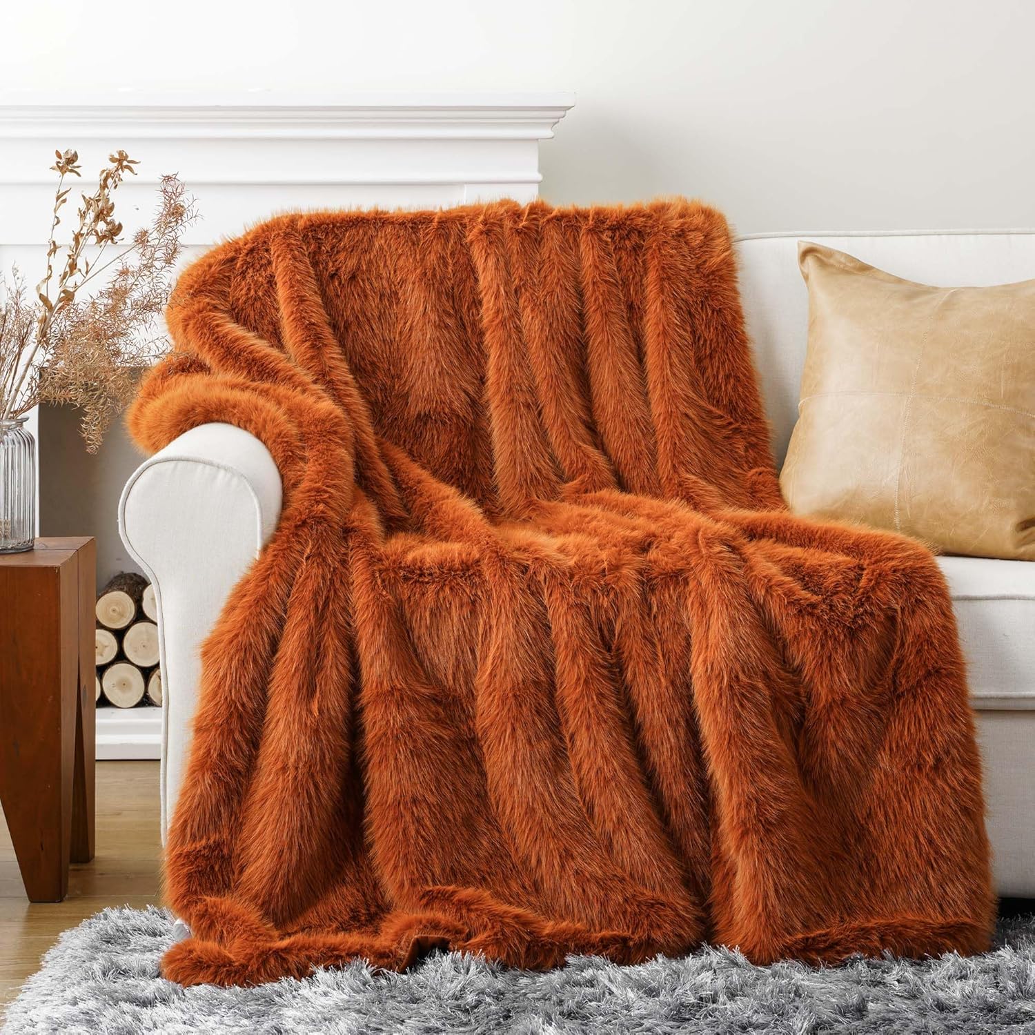 BATTILO HOME Manta de lujo de piel sintética de otoño, manta de piel naranja óxido para sofá, silla, cama, felpa suave, cálida y acogedora manta de