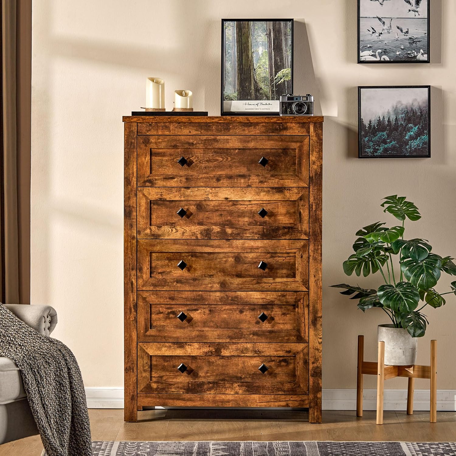 VanAcc Cómoda de 5 cajones altos para dormitorio, cómoda con textura de grano vintage, cómoda de madera de granja para dormitorio, sala de estar,