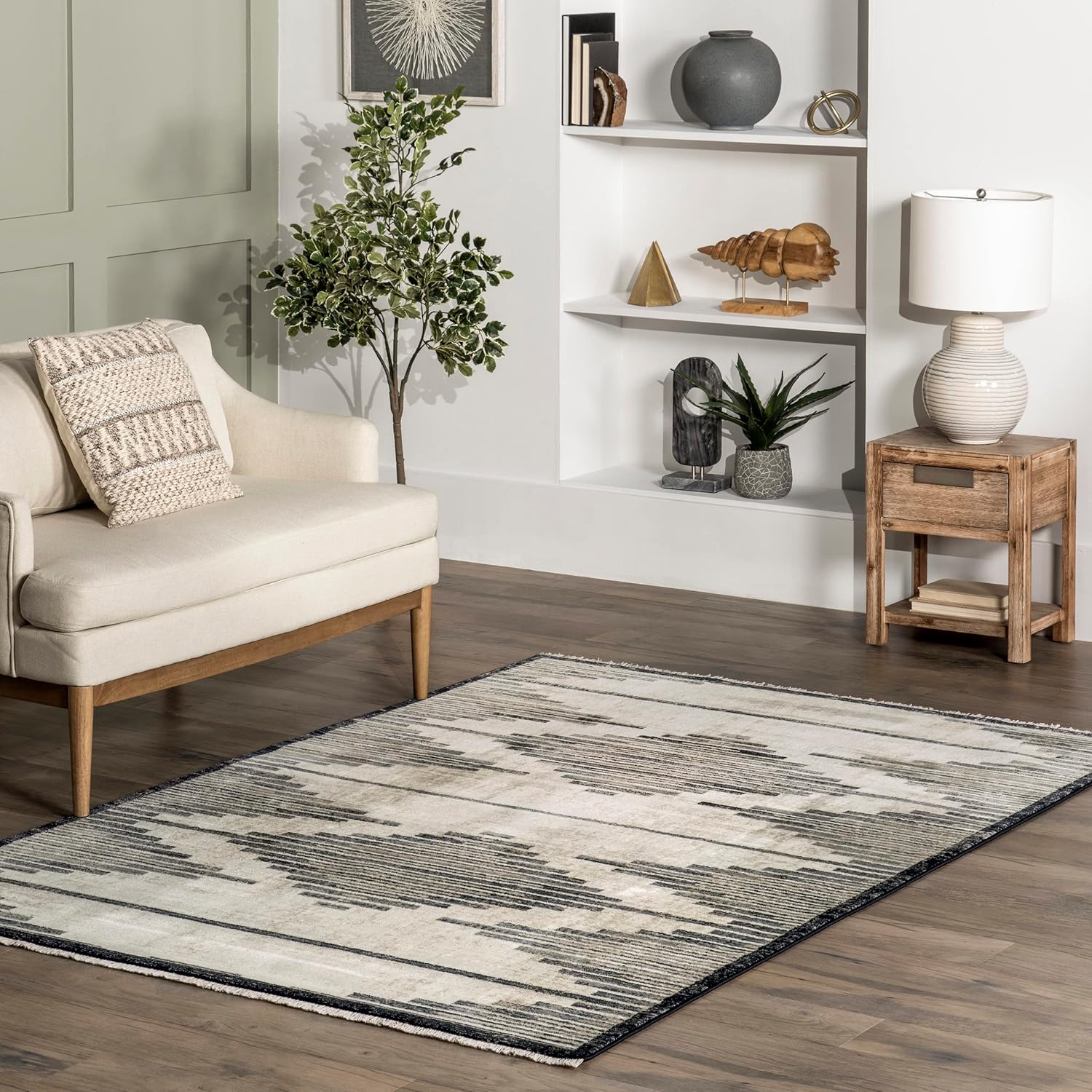 nuLOOM Delfina – Alfombra marroquí a rayas con flecos, 5 x 8, beige