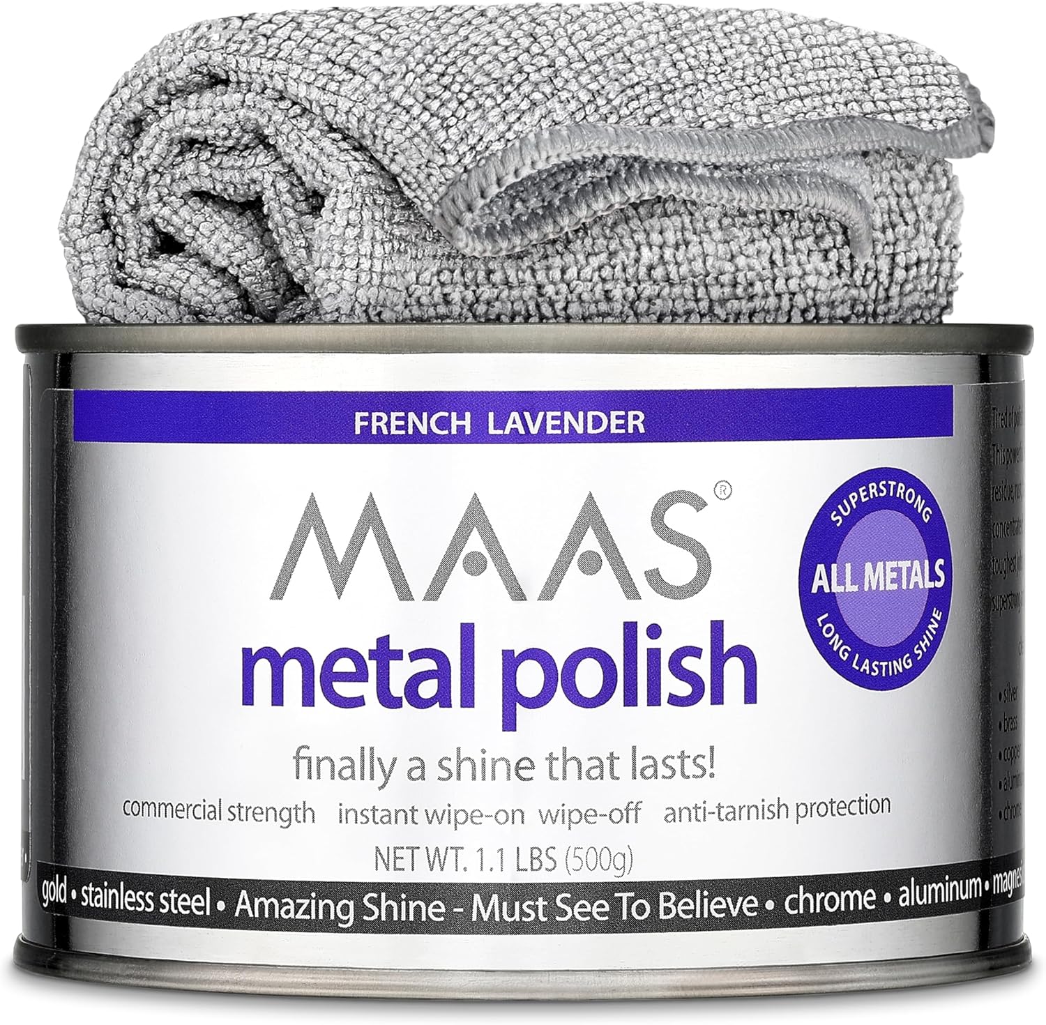 MAAS Metal Polish Lata de 1.1 lb más paño libre, limpiador universal de metales para todos los metales, limpia, pule y protege plata, latón, cobre y