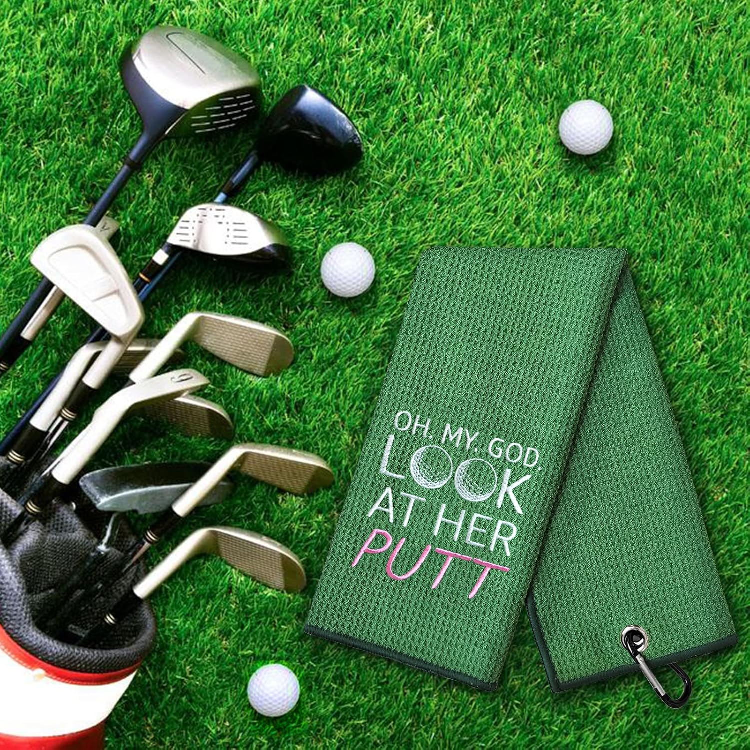 DYJYBMY Oh My God Look at Her Putt – Divertida toalla de golf bordada, toallas de golf verdes bordadas para bolsas de golf con clip, divertidos