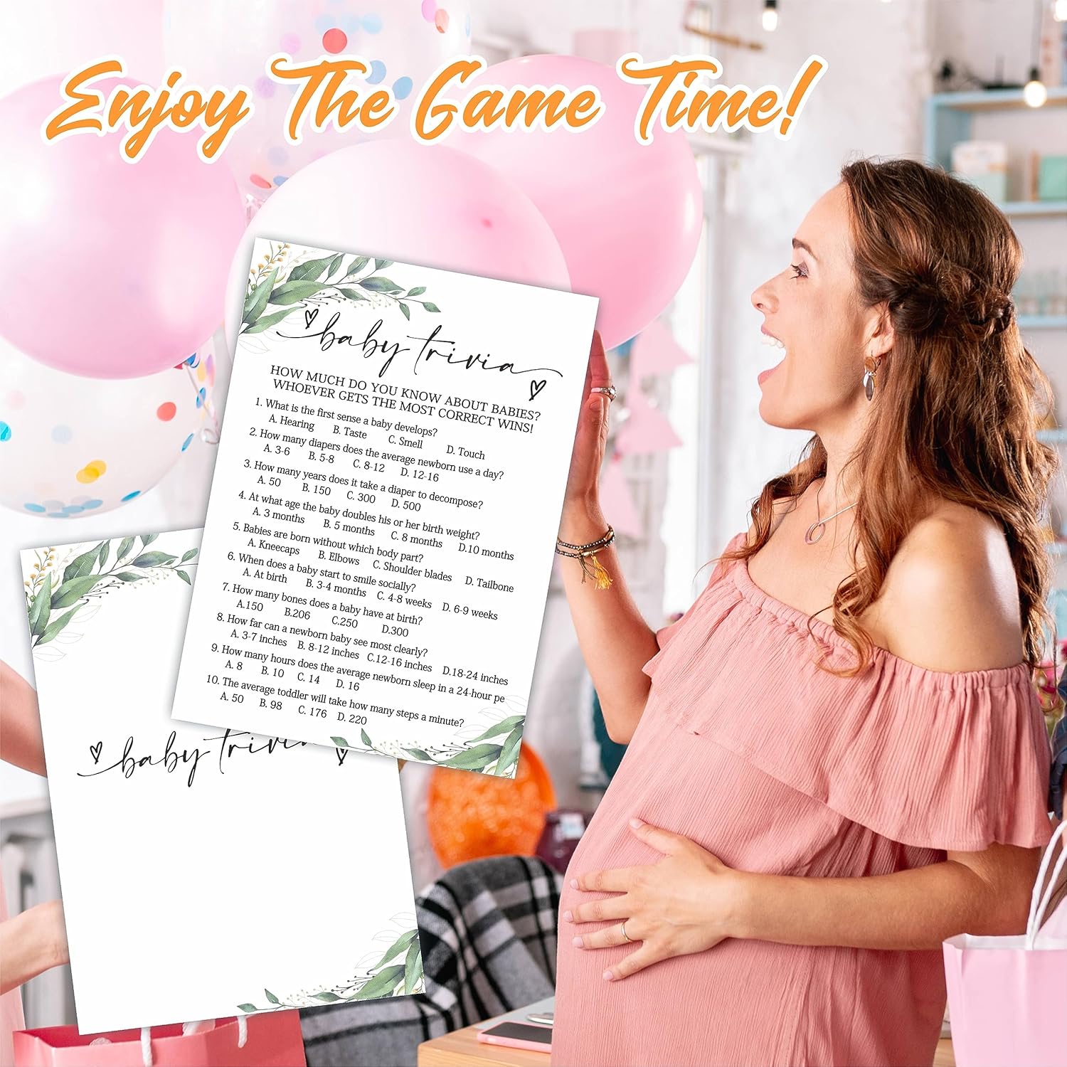 Juego de preguntas para bebés para baby shower, 30 tarjetas de juego con temática de vegetación de doble cara y 1 tarjeta de respuesta, divertido