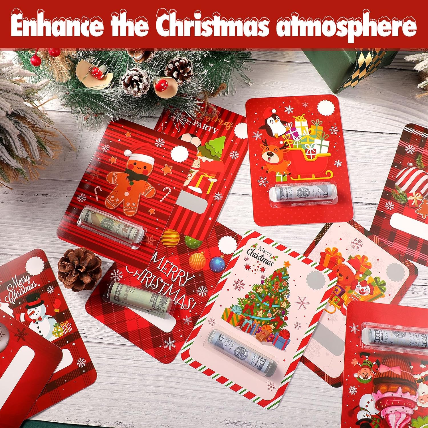 120 unidades de dinero en efectivo de Navidad para regalo en efectivo, bolsa de plástico transparente con cinta de doble cara para Navidad,