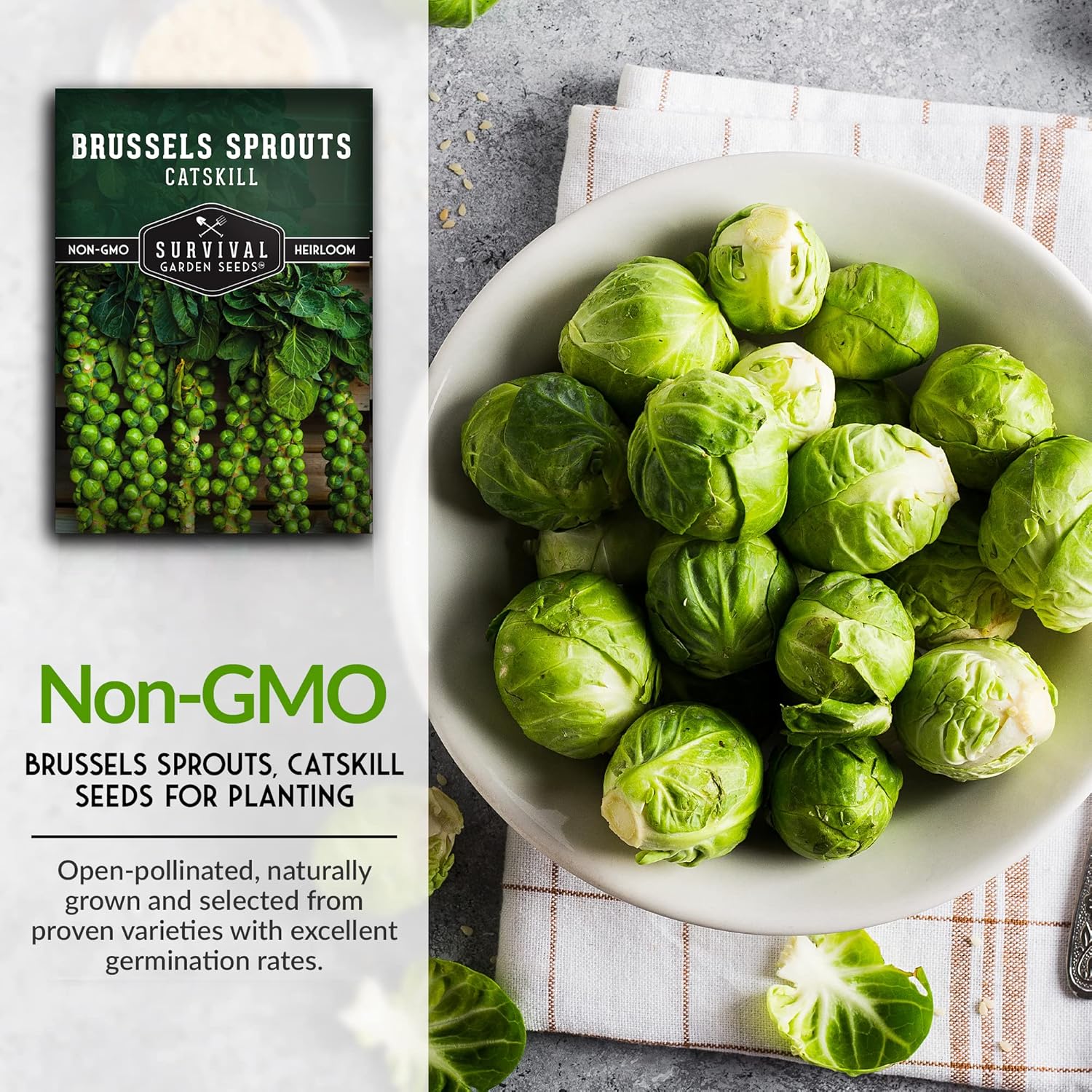 Survival Garden Seeds – Semillas de coles de Bruselas Catskill para plantar – 5 paquetes con instrucciones para plantar y cultivar sabrosas verduras