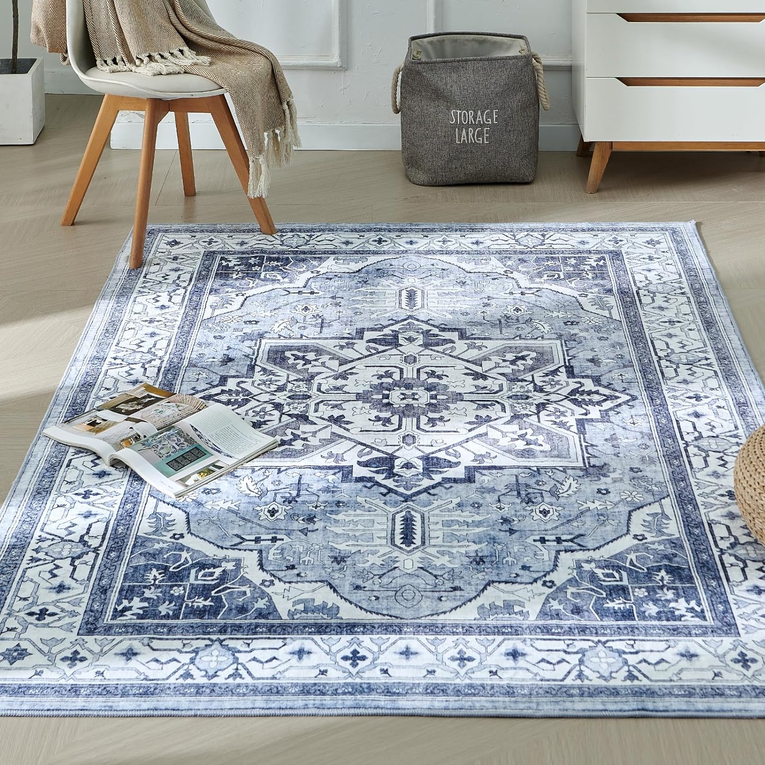 Alfombra clásica para entrada, delgada, lavable a máquina, plegable, persa, estilo bohemio, desgastado, para cocina, color azul claromulticolor, 3 x
