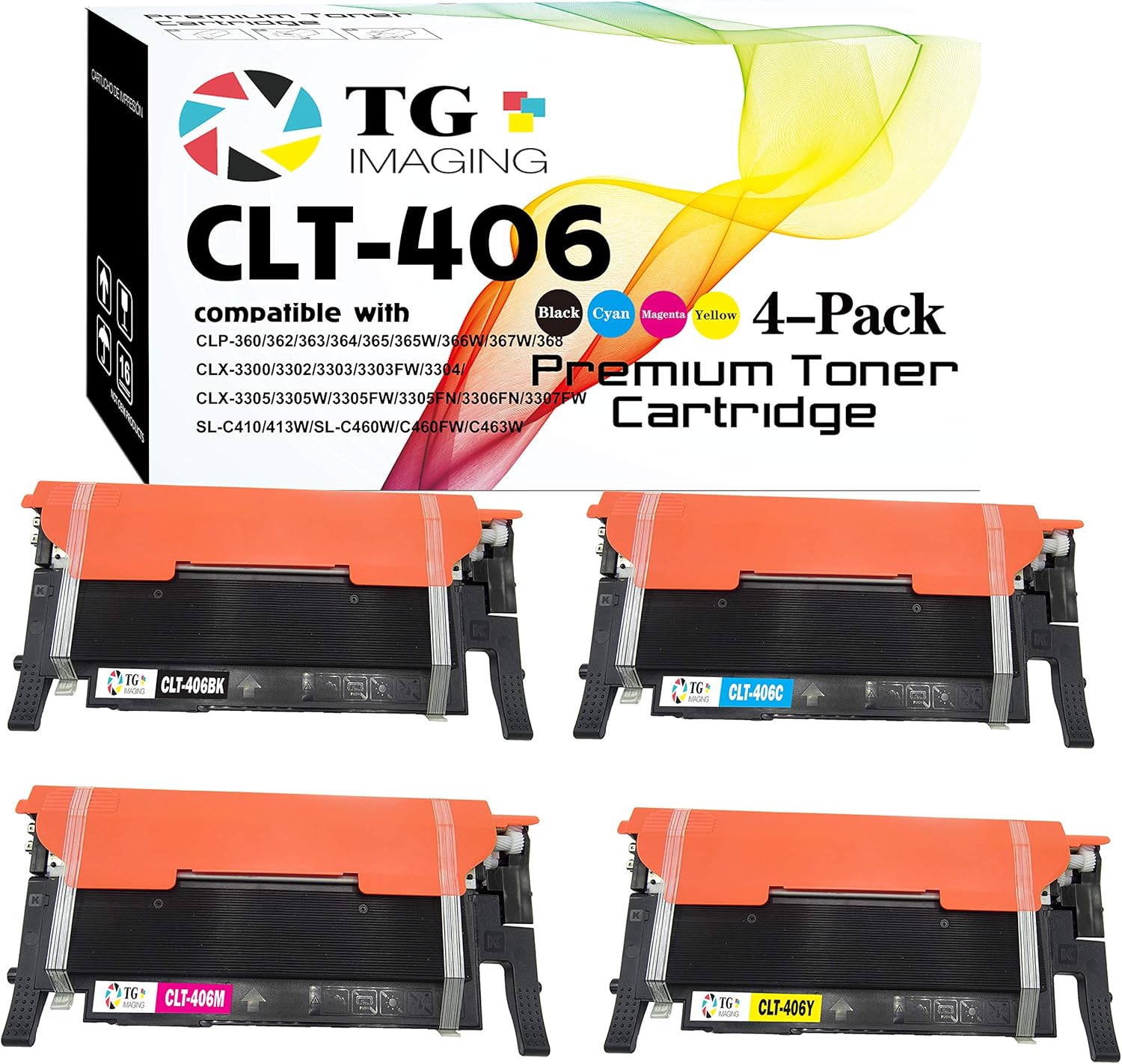 TG Imaging Paquete de 4 cartuchos de tóner compatibles con CLT406S CLT-406S funciona en CLX-3300 CLX-3305FN CLX-3305FW CLX-3305W SL-C460FW CLP-360