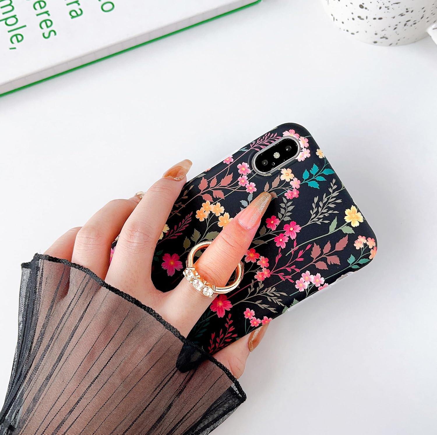Qokey Funda para iPhone SE 20222020, para iPhone 7, para iPhone 8 de 4.7 pulgadas, bonita funda de flores de jardín para mujeres y niñas, anillo