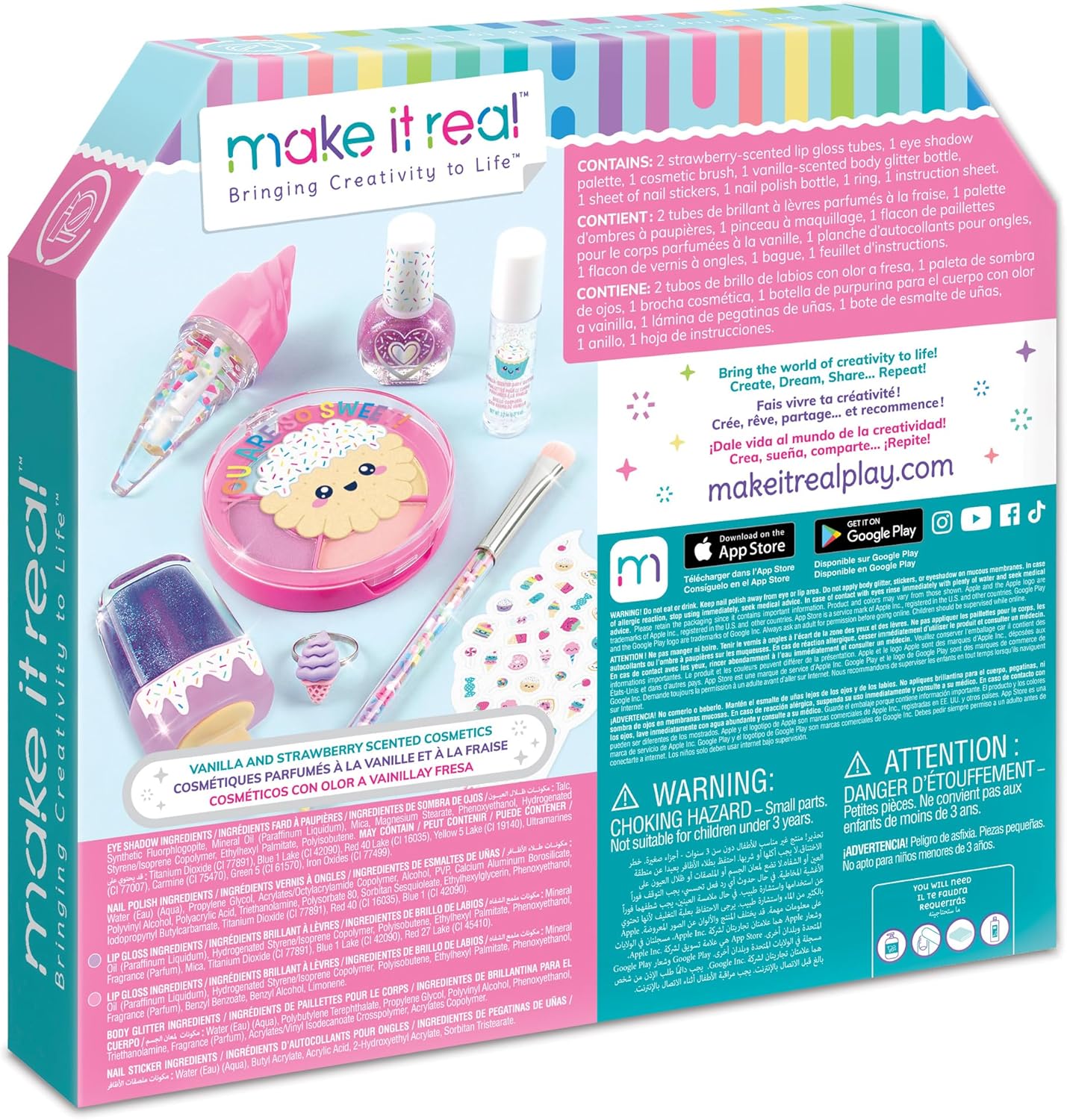 Make It Real Candy Shop – Juego de cosméticos  9 piezas, cosméticos perfumados de vainilla y fresa, brillos en forma de helado, kit de belleza,